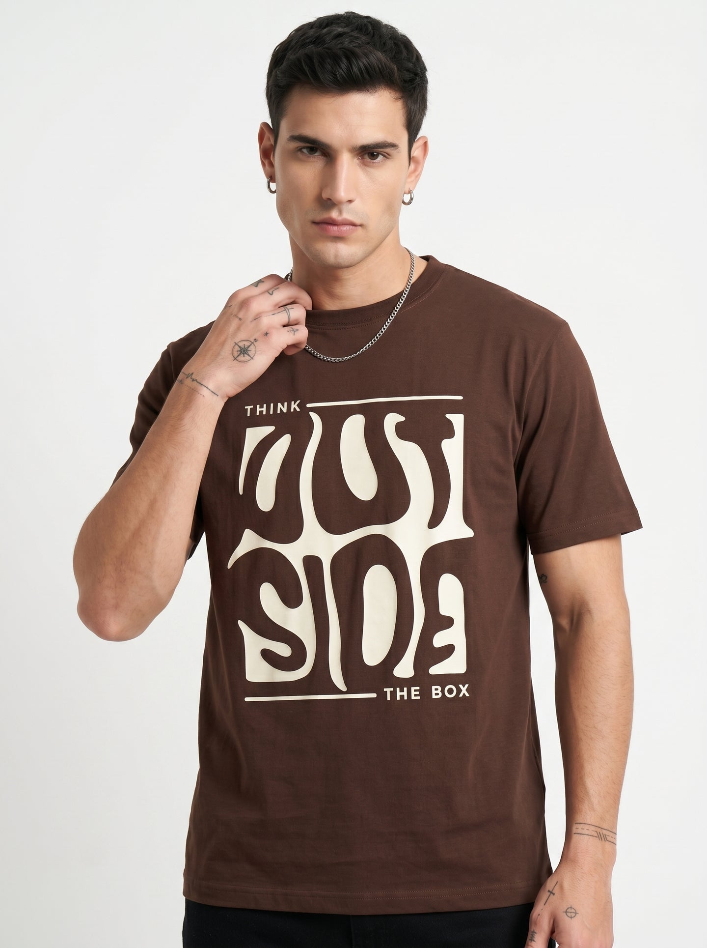 Walnut Brown Melted Box Graphic Round Neck Shirt