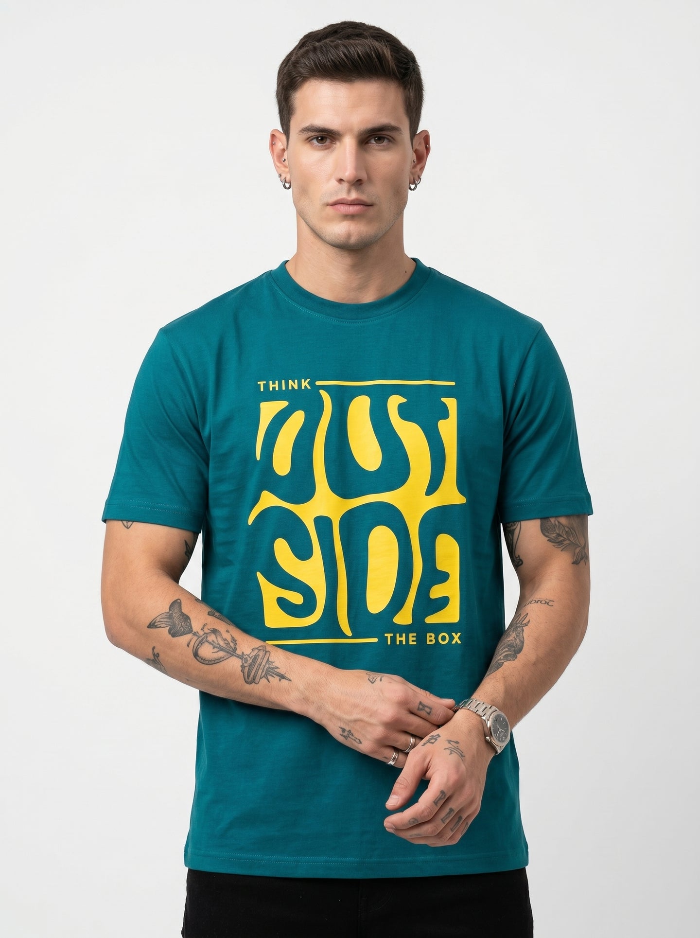 Teal Green Melted Box Graphic Round Neck Shirt