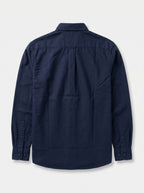 Textured oxford shirt back view, rich navy with buttoned cuffs