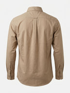 Khaki textured button-up shirt with center-back yoke and seam detail