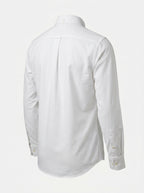 White oxford shirt back view with full button-up design