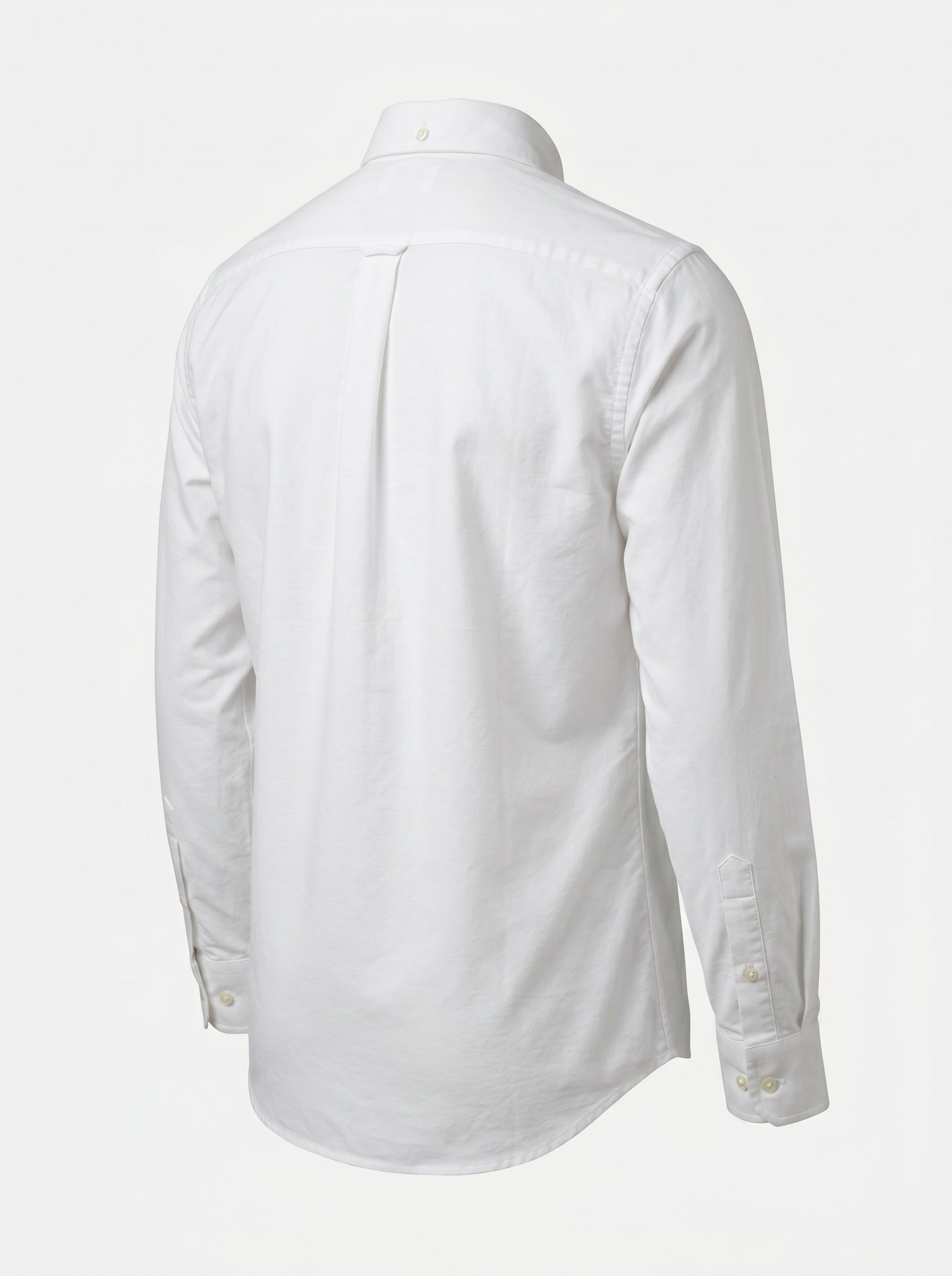 White oxford shirt back view with full button-up design