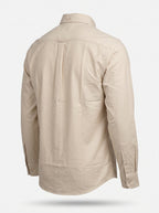Textured oxford shirt back view, cream button-up with yoke seams