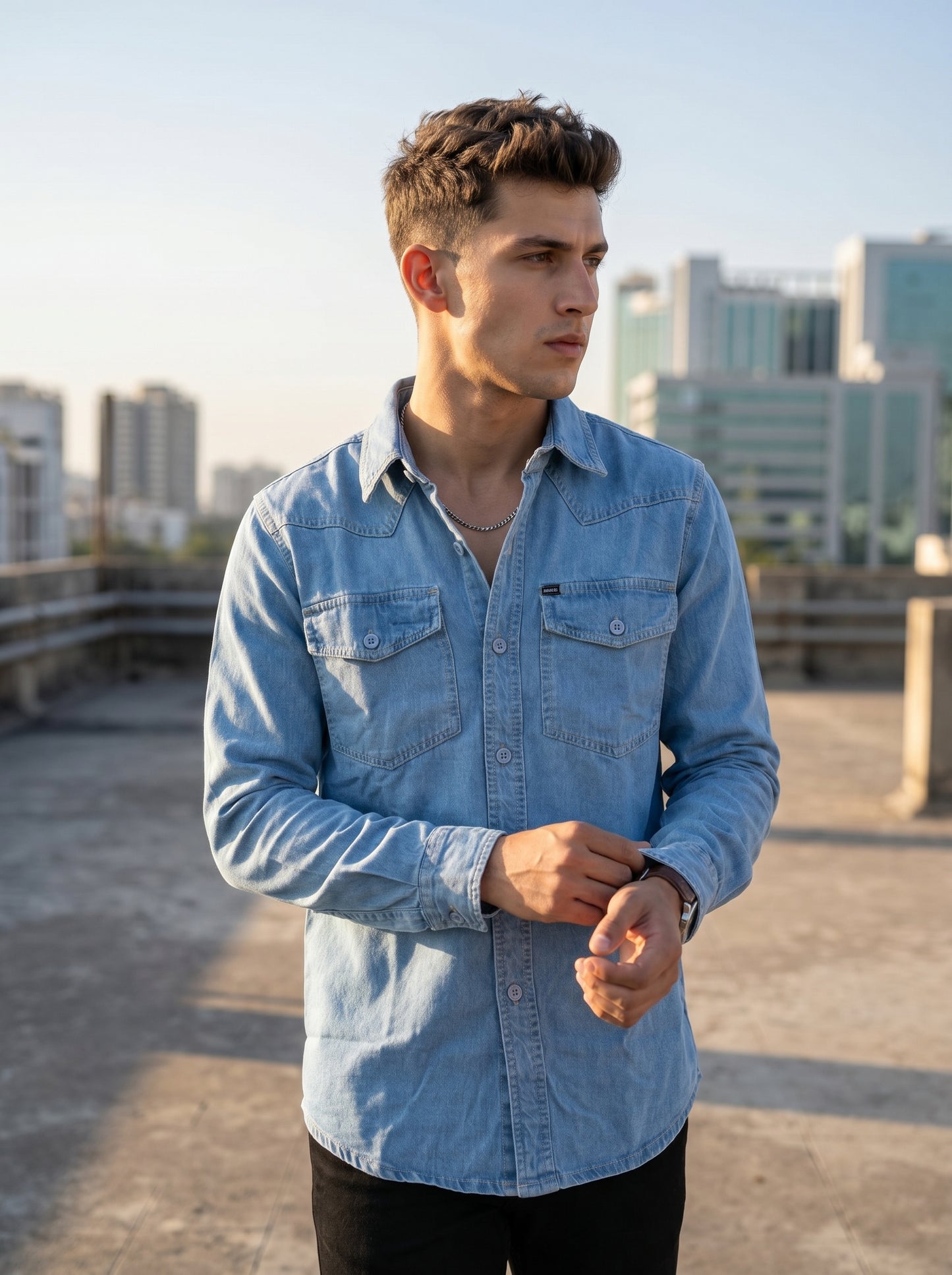 Light blue western denim shirt with button front and two chest pockets