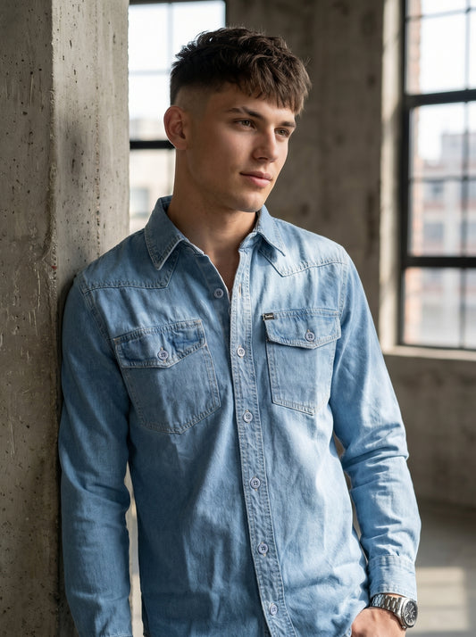 Light blue denim shirt with button front and two chest flap pockets