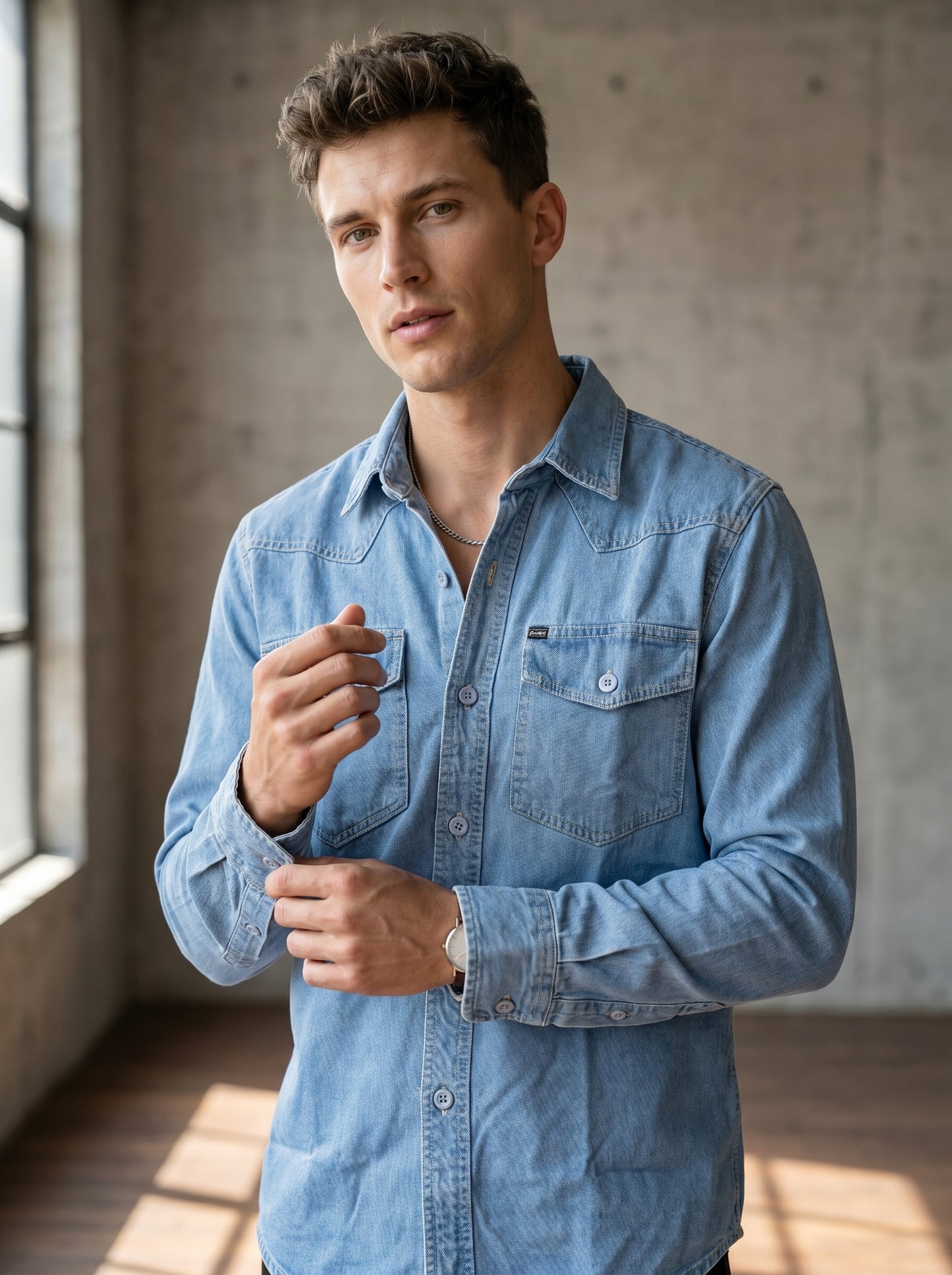 Light blue denim shirt with button front and two chest flap pockets