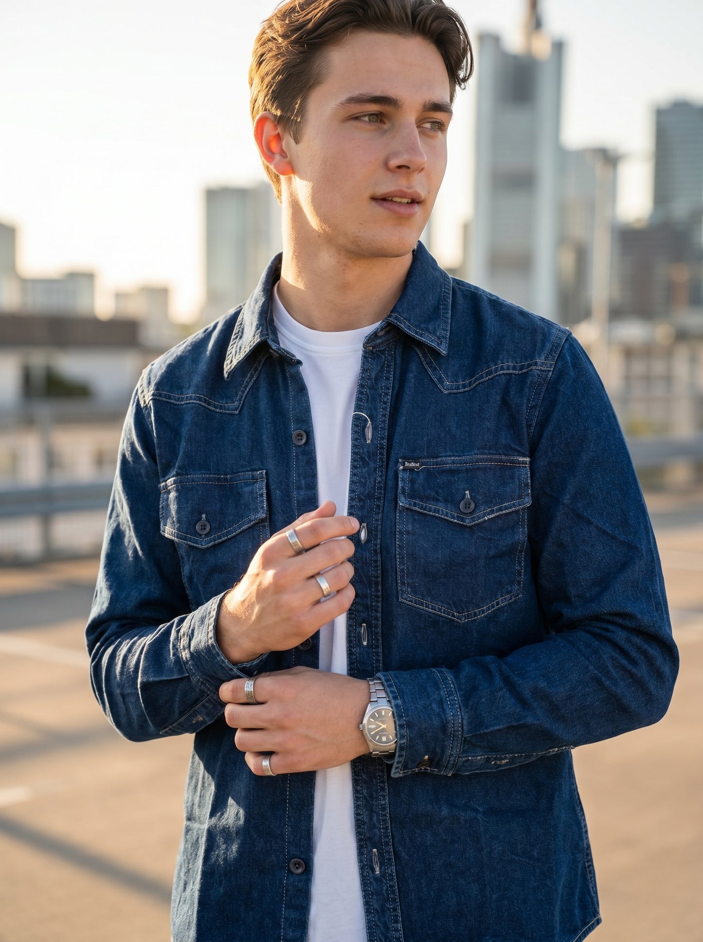 Blue denim western-style shirt with notch collar and button-down front