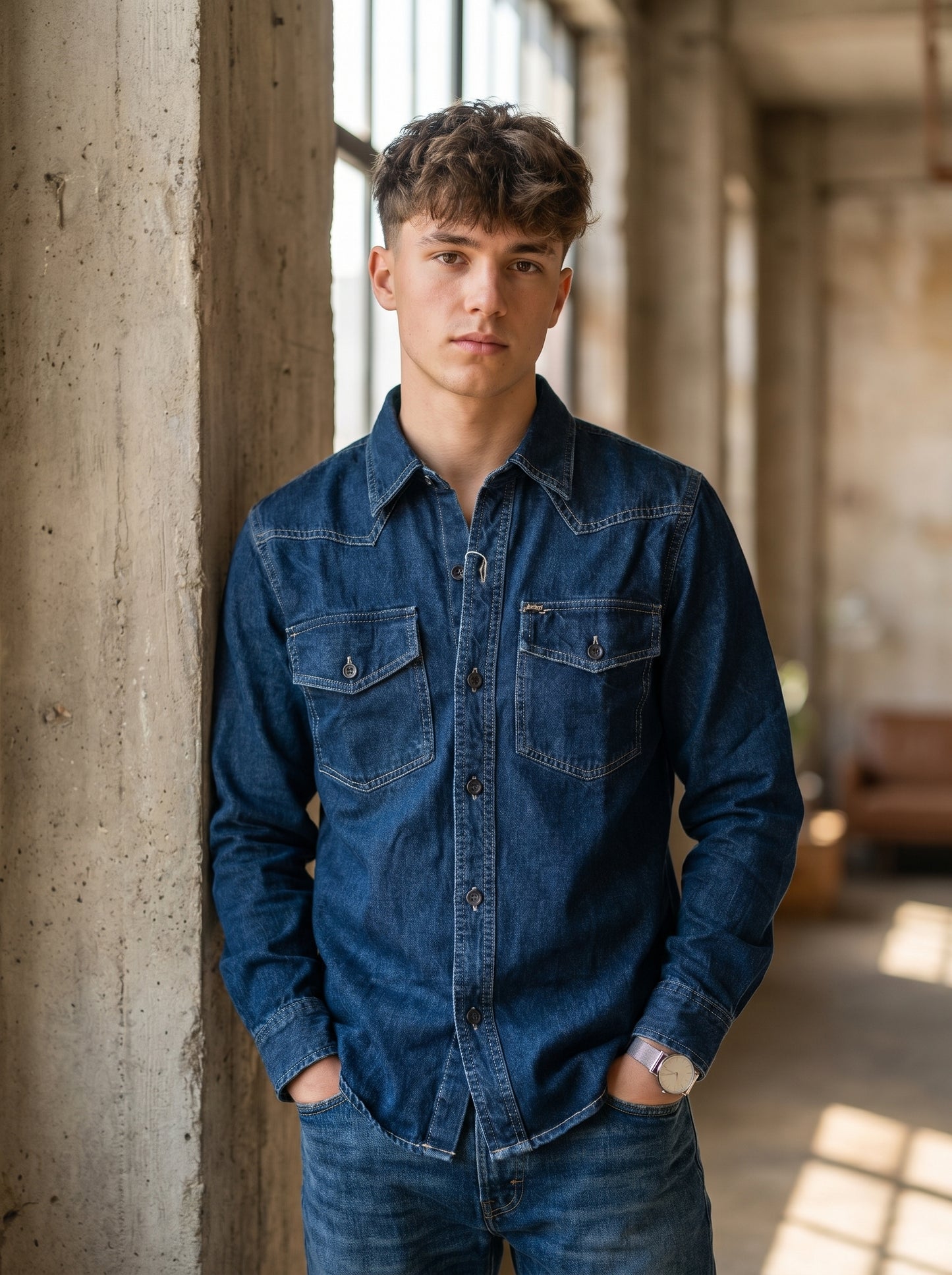 Blue denim western-style button shirt with flap pockets and curved yoke seams