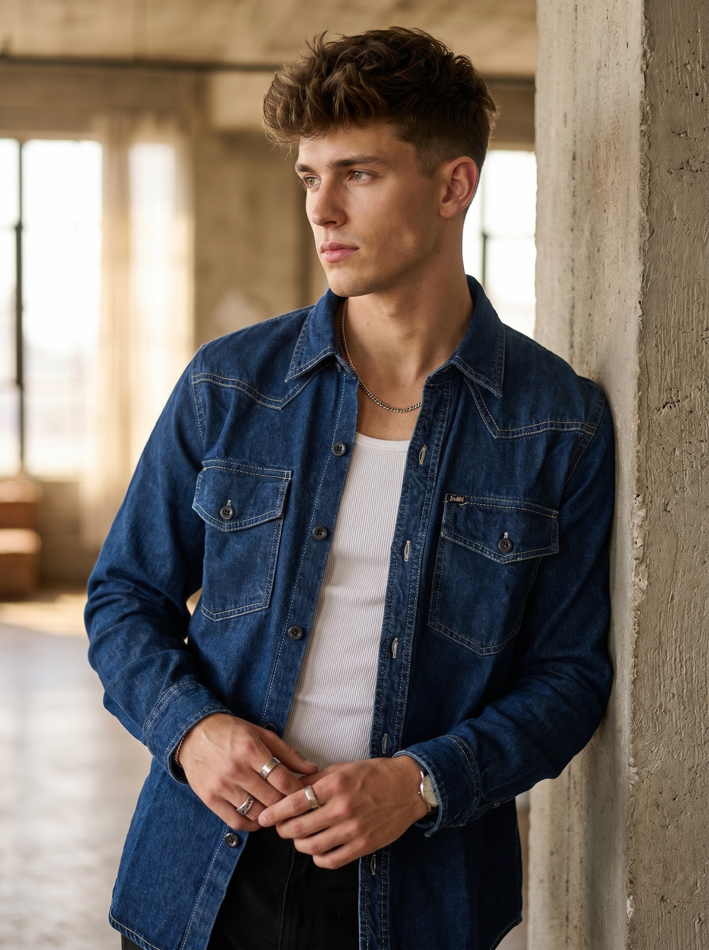Blue denim western-style shirt with button front and two chest pockets