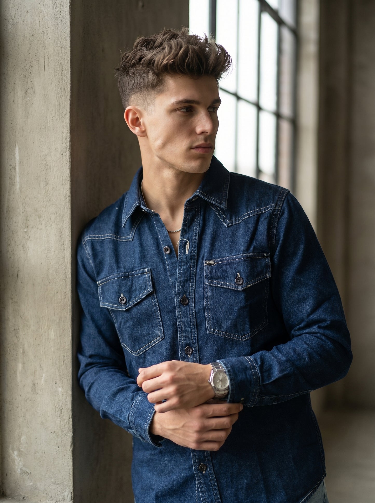 Blue denim western-style shirt with two flap chest pockets and button closures