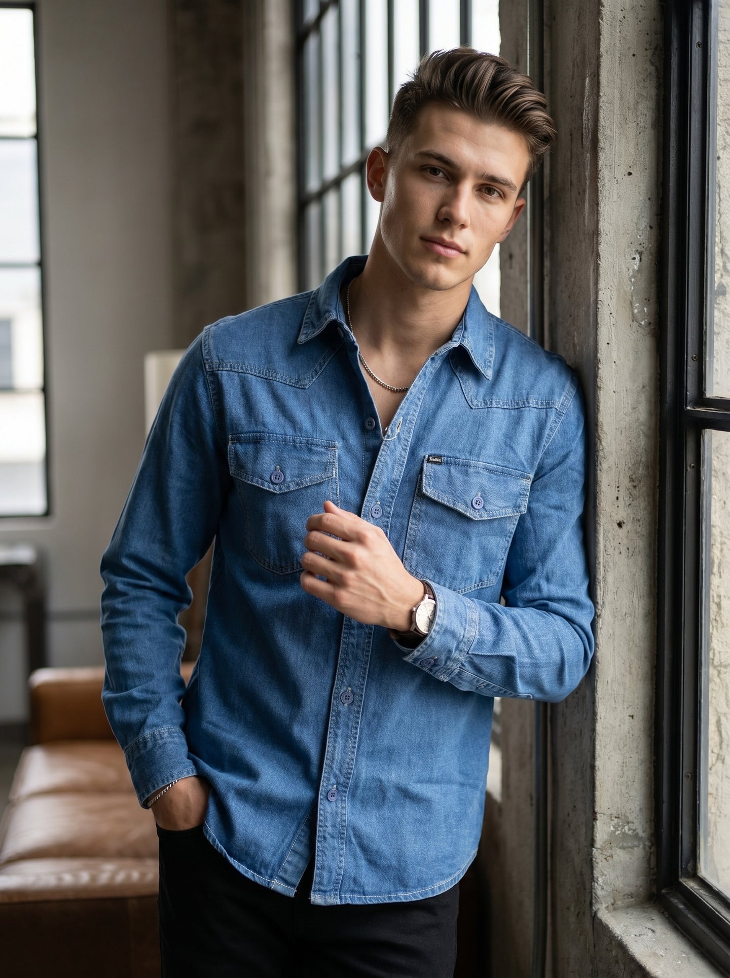 Medium wash denim western shirt with two flap pockets and buttoned closure
