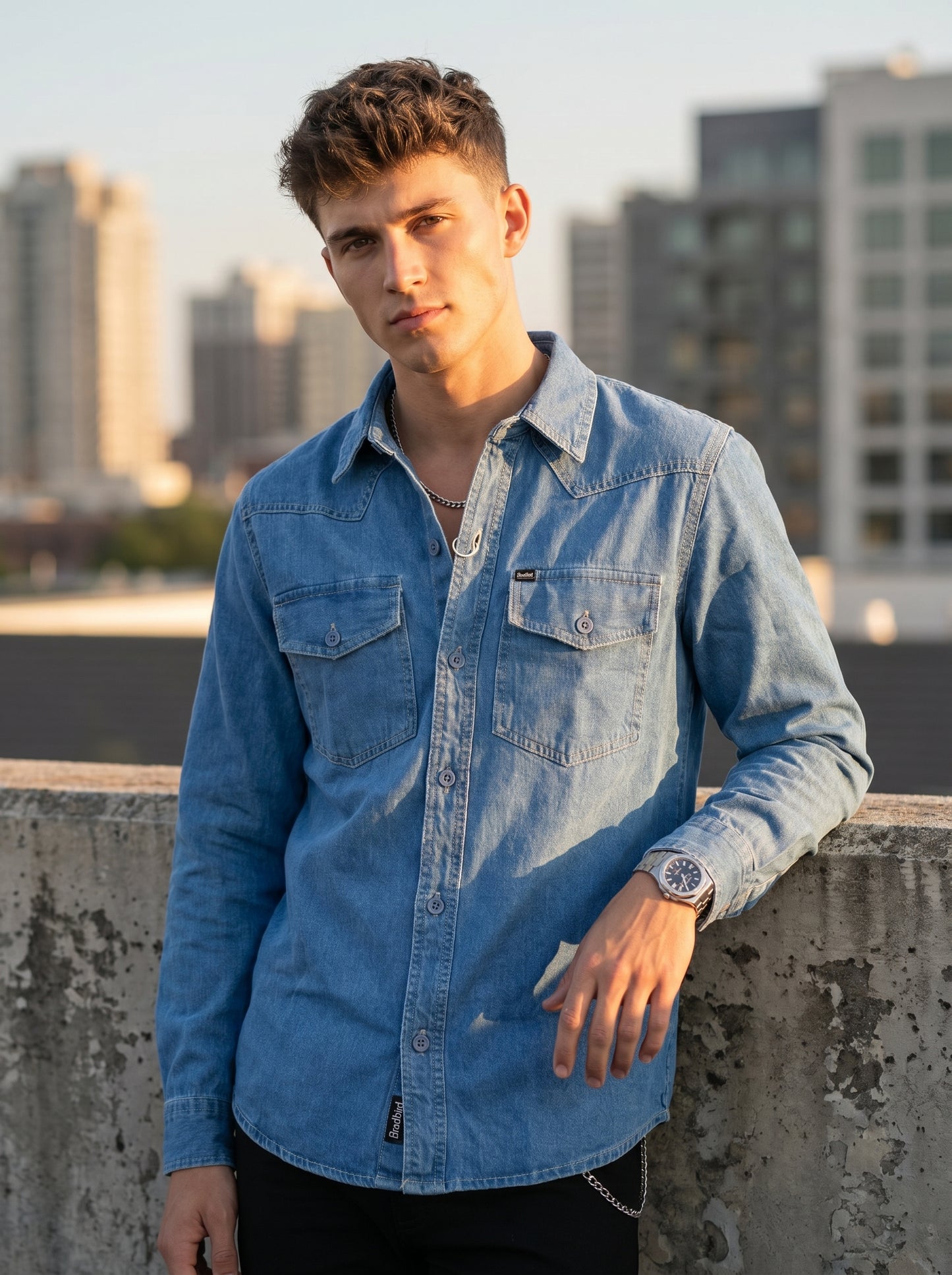 Medium wash denim western shirt with flap chest pockets and button front