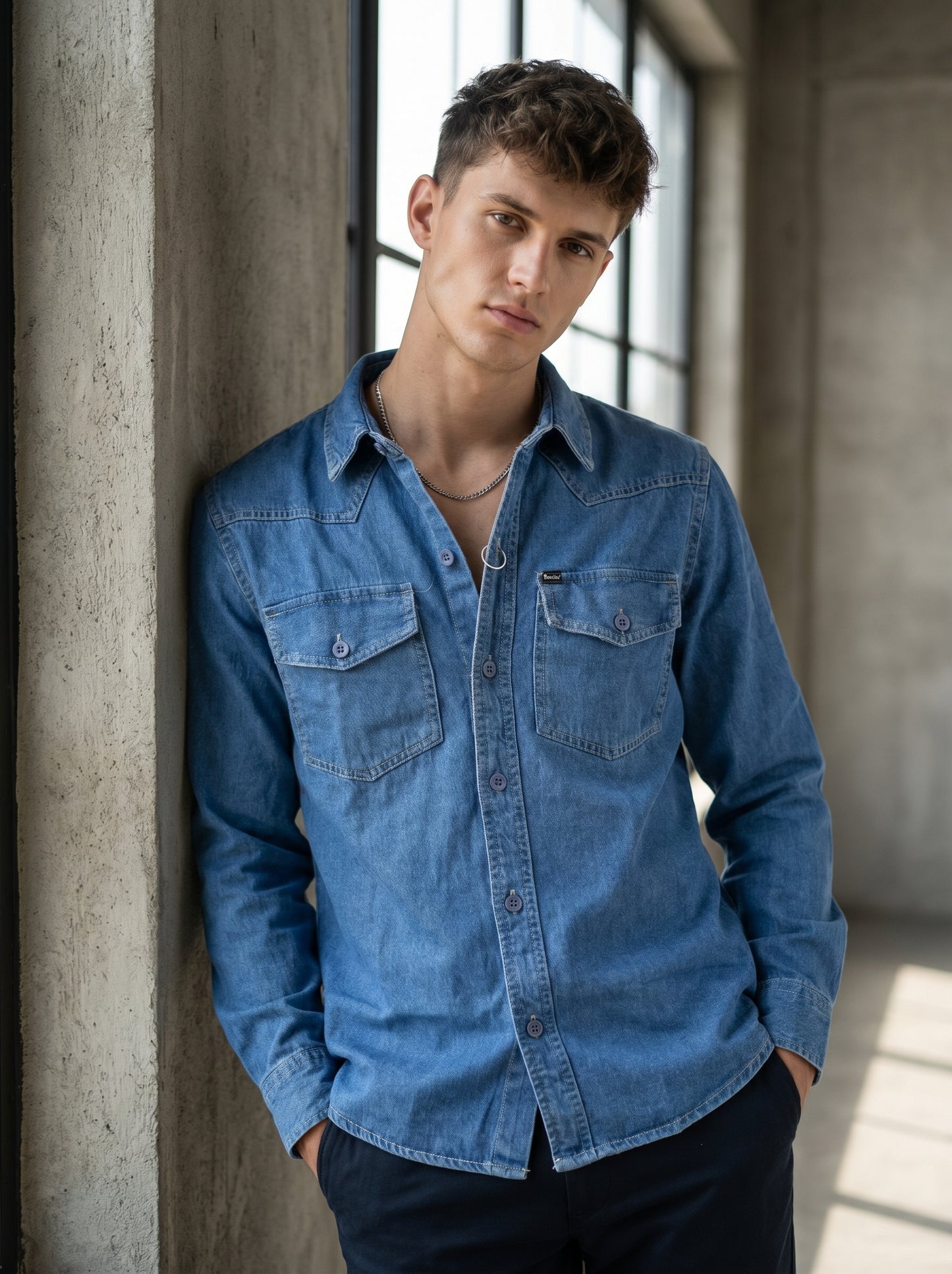 Medium wash denim western shirt with snap-button cuffs and chest flap pockets