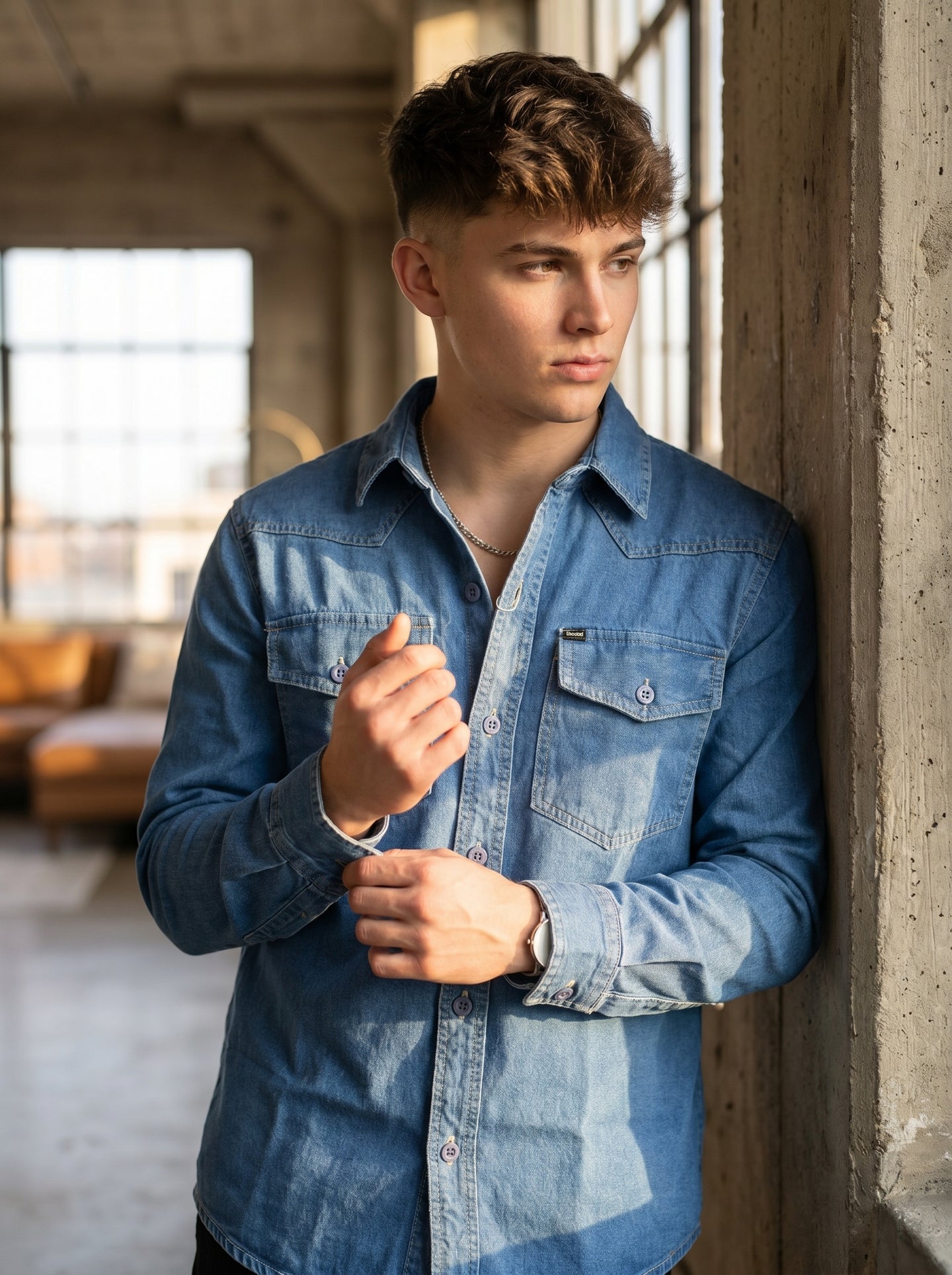 Medium wash denim western shirt with flap pockets and buttoned front placket