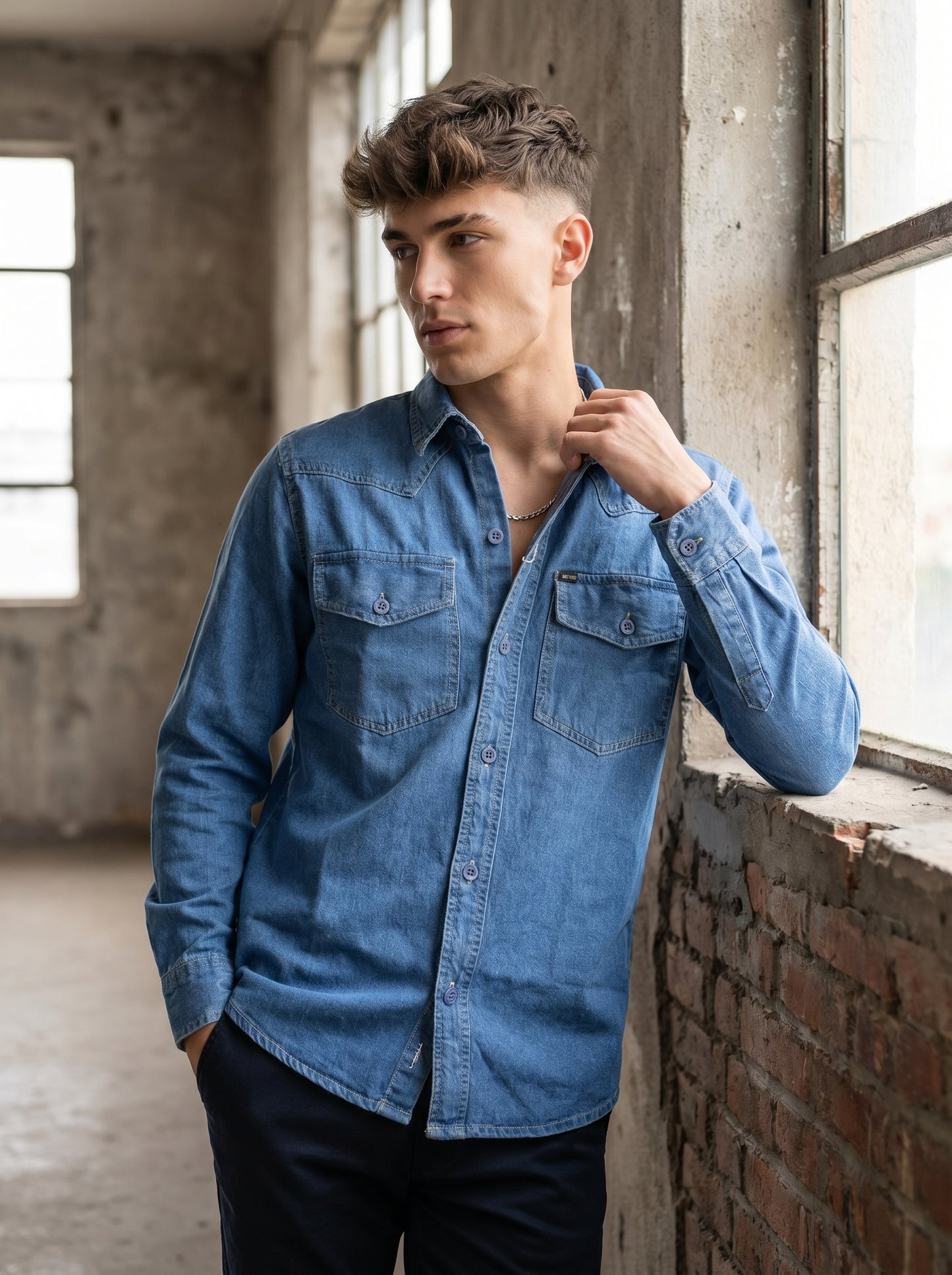 Medium wash denim western shirt with spread collar and flap chest pockets