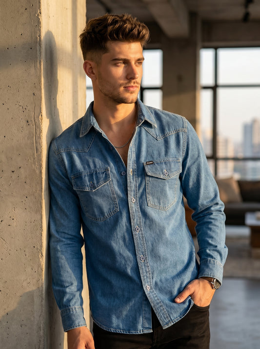 Medium wash denim western shirt with button front and two flap chest pockets