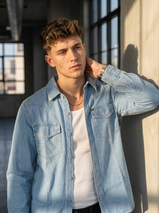Light wash denim western over-shirt with flap chest pockets and snap front