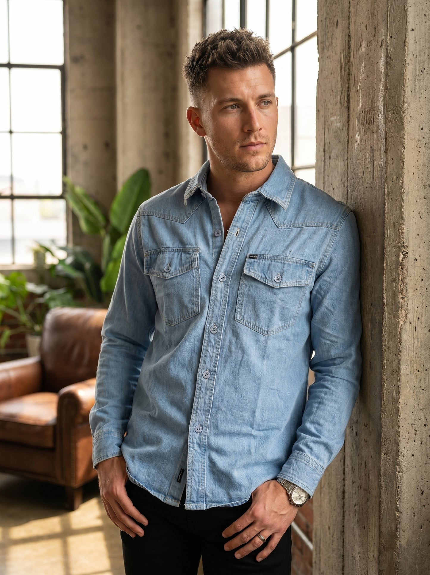 Light wash denim over-shirt with flap chest pockets and snap buttons, long sleeves