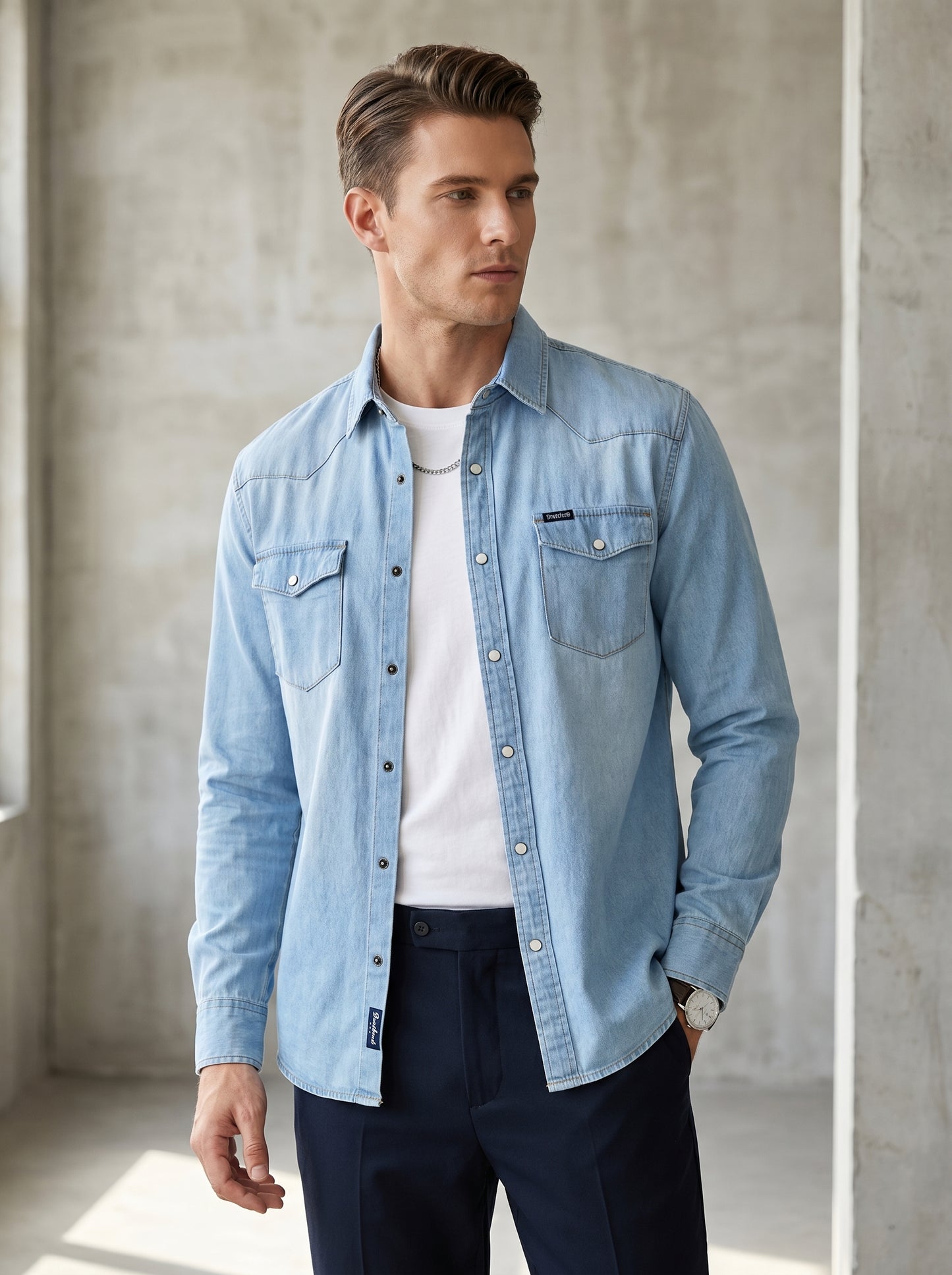 Light wash denim over-shirt with snap buttons and two flap chest pockets