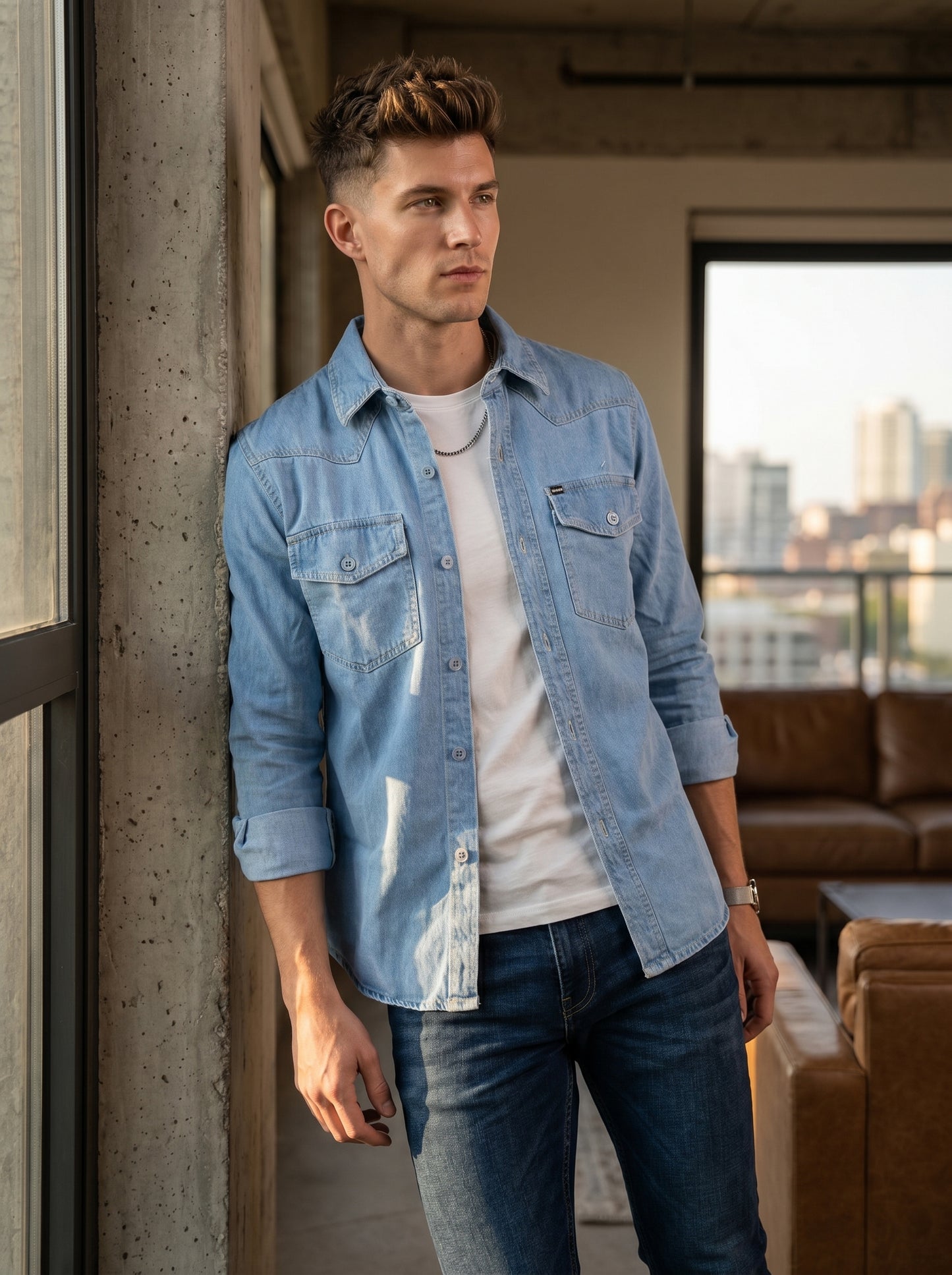 Light wash denim over-shirt with two flap chest pockets and buttoned cuffs