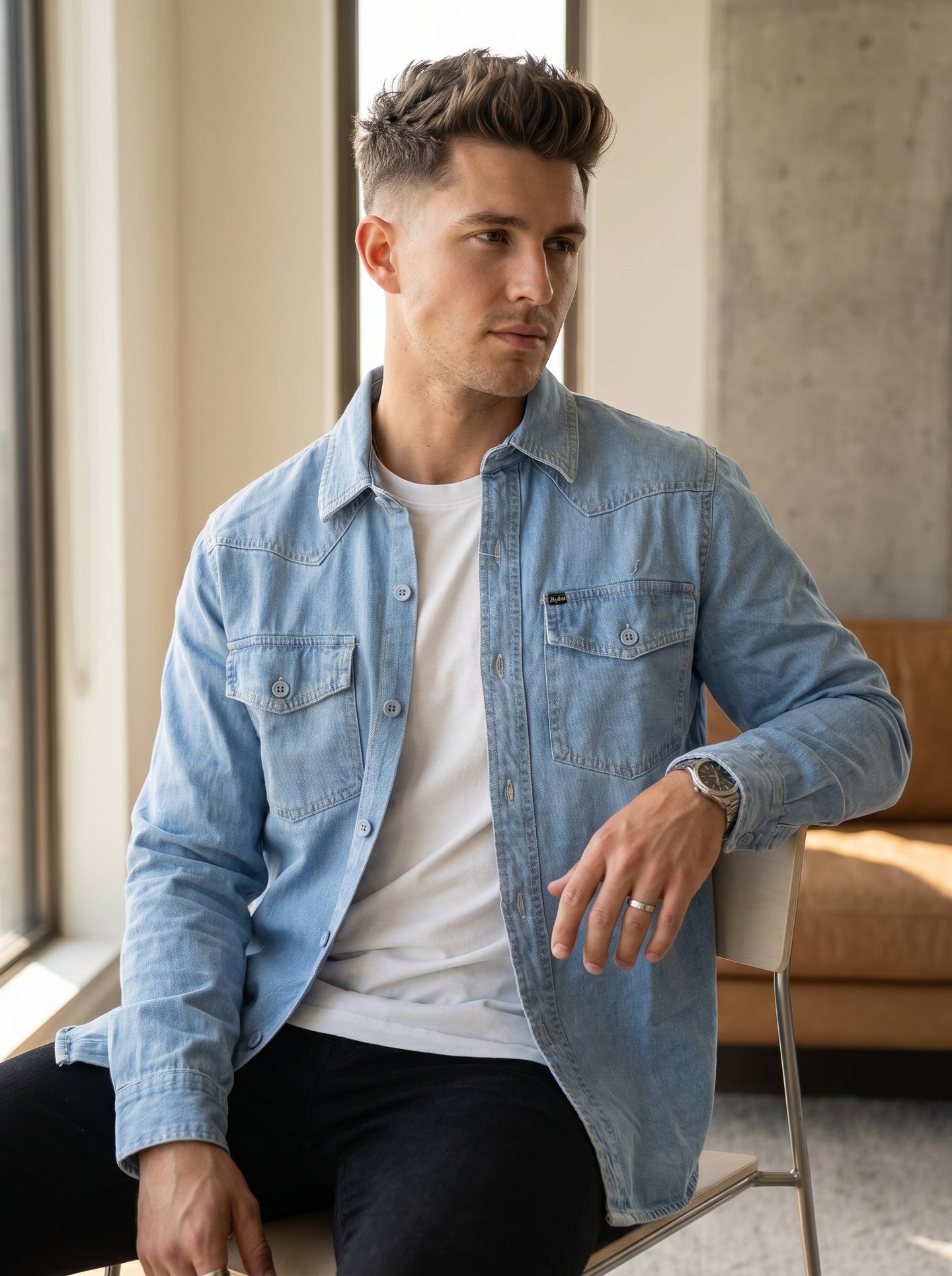 Light wash denim western over-shirt with pointed yoke, snap buttons, two chest pockets