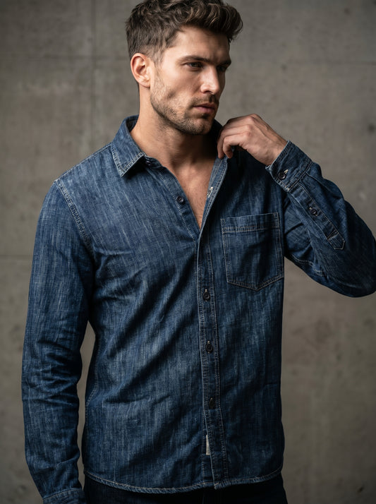 Mid-wash denim shirt with button front and chest pocket detail, long sleeves.