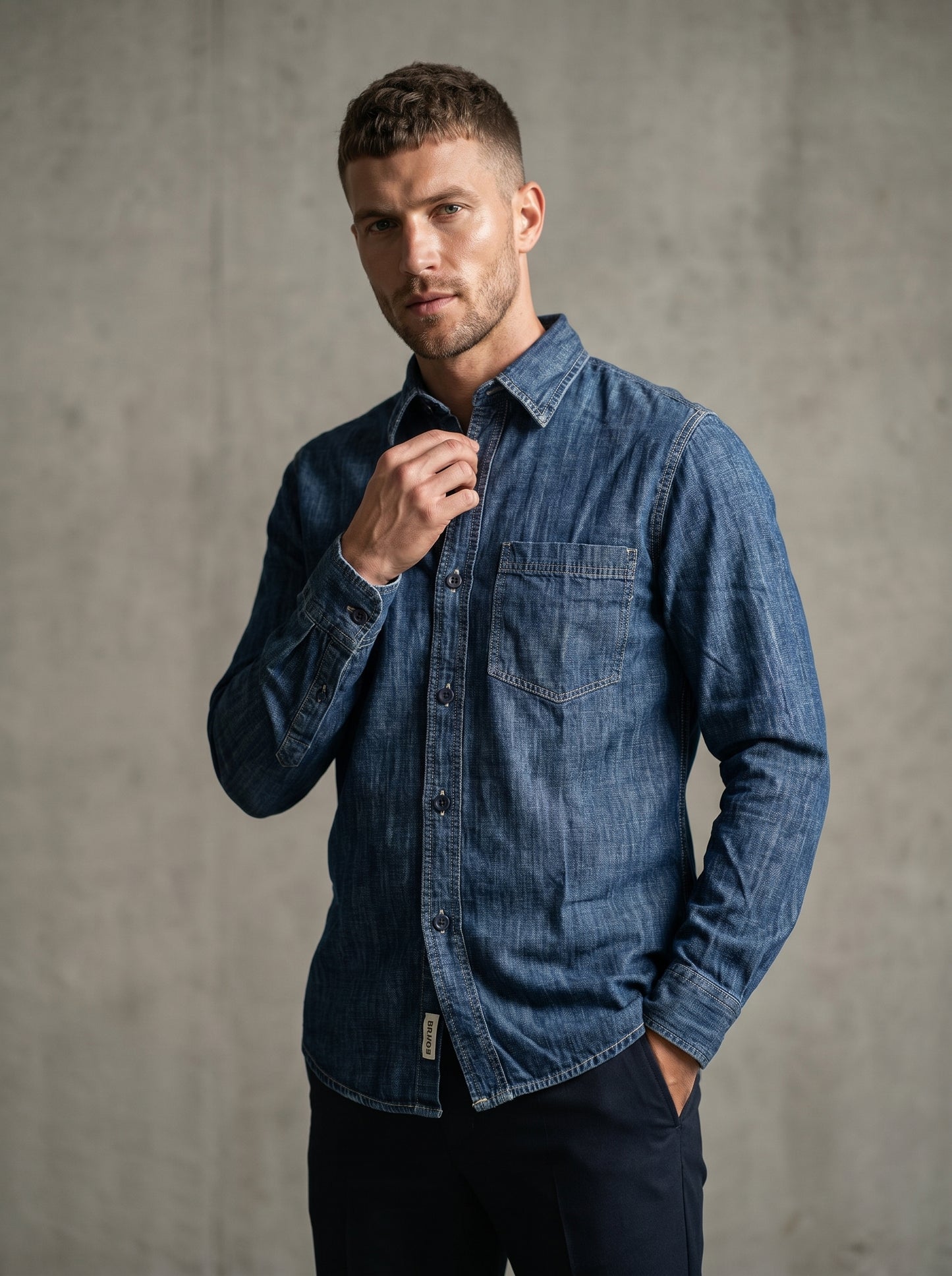 Mid-wash denim shirt with single chest pocket and buttoned cuffs, long sleeves.
