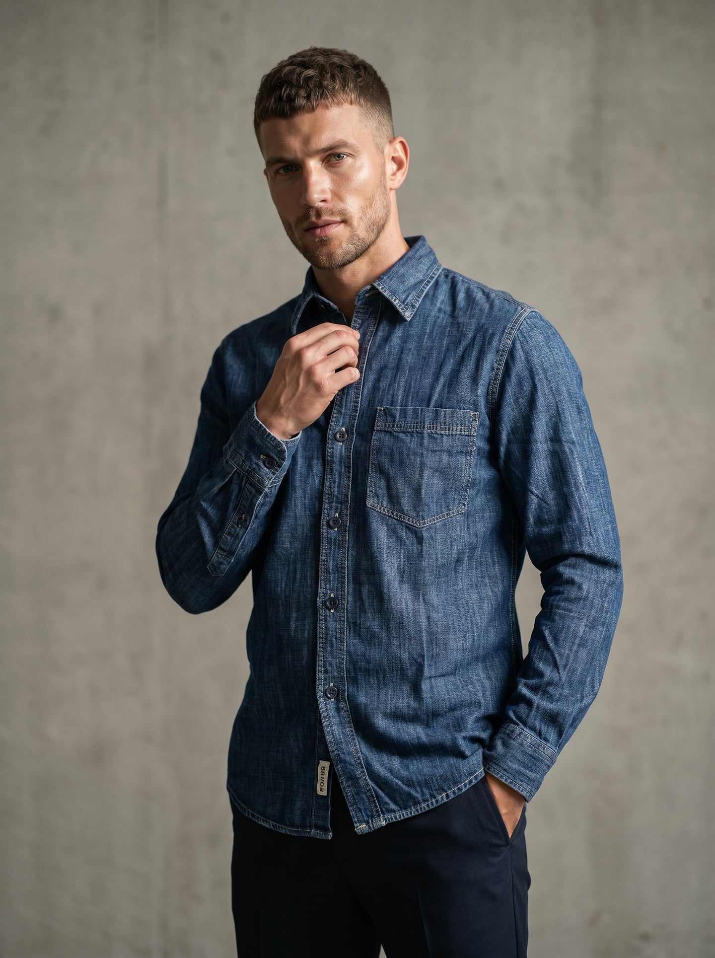 Mid-wash denim shirt with single chest pocket and buttoned cuffs, long sleeves.