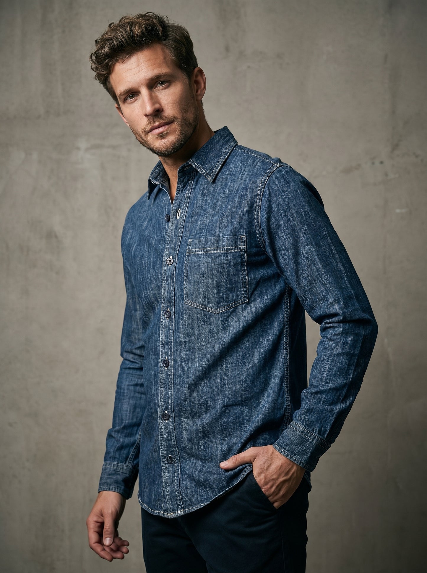 Mid-wash denim shirt with button front and single chest pocket, side angle.