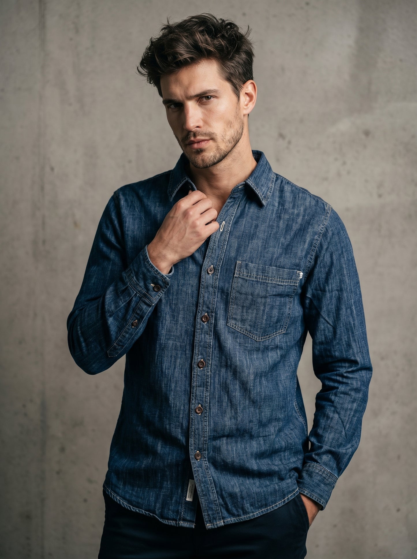 Mid-wash denim shirt with button front and chest pocket, man styling shot.