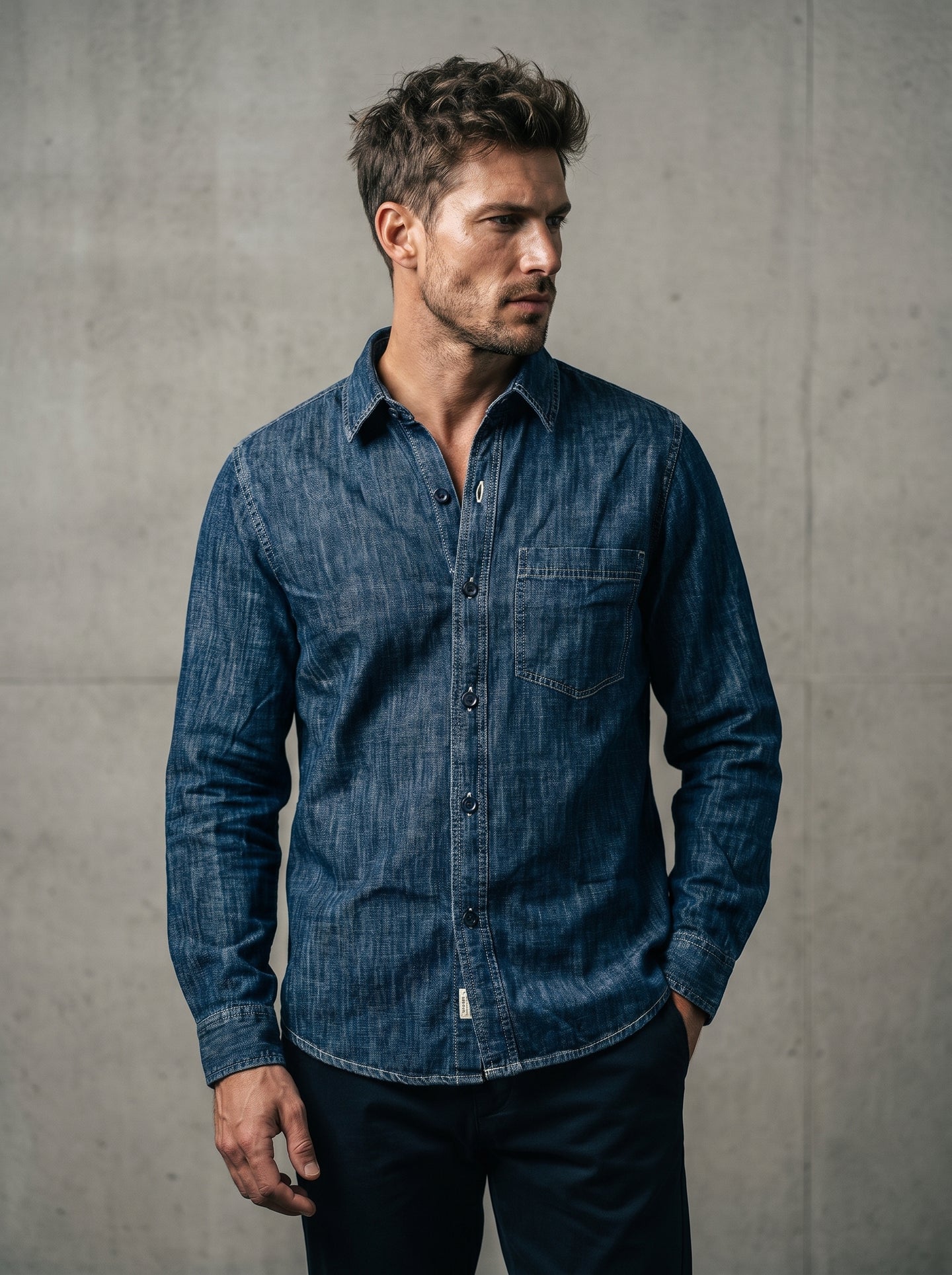 Mid-wash denim shirt with button front and chest pocket, long sleeves.