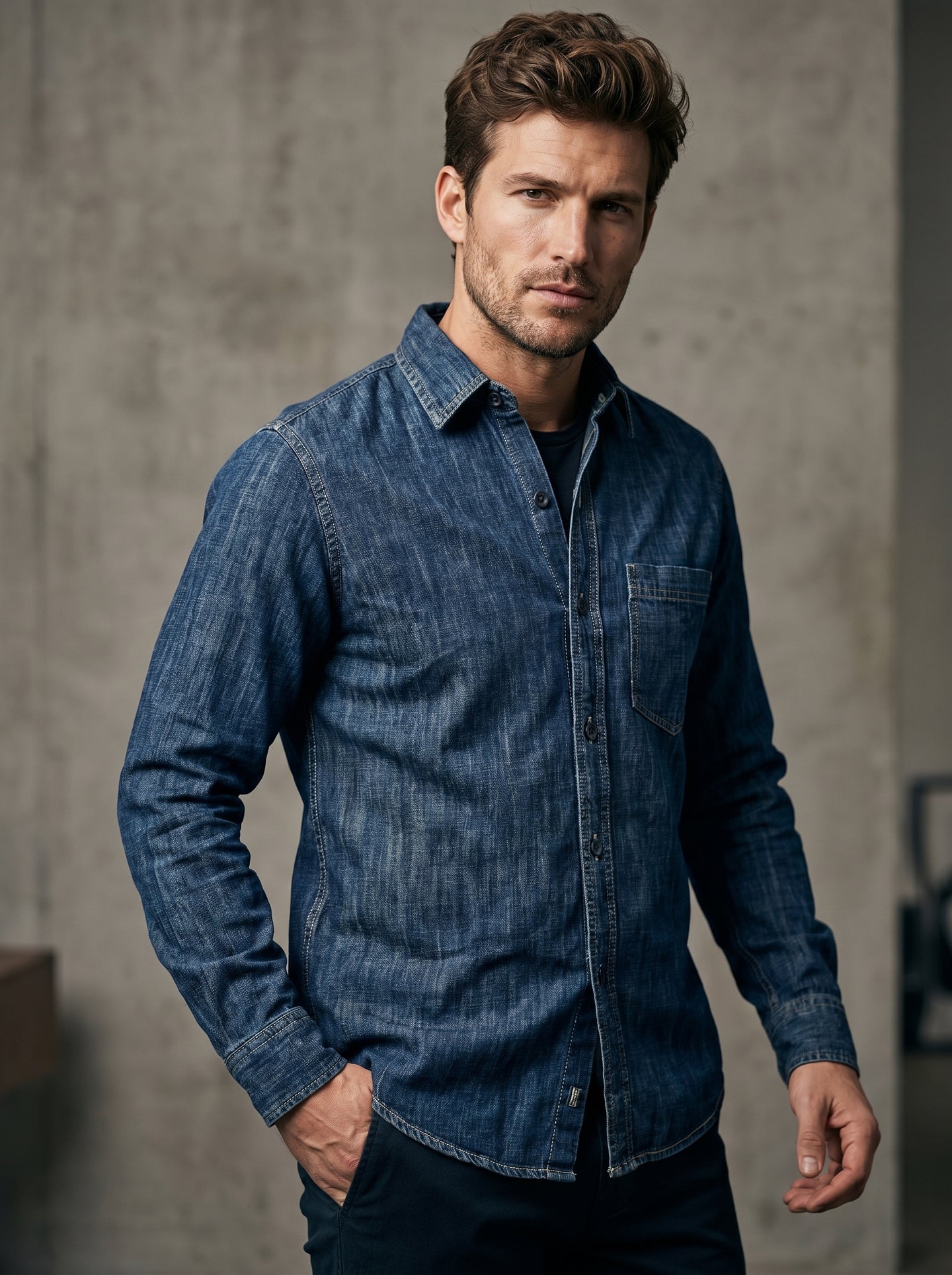 Mid-wash denim shirt with button front and chest pocket, front view.