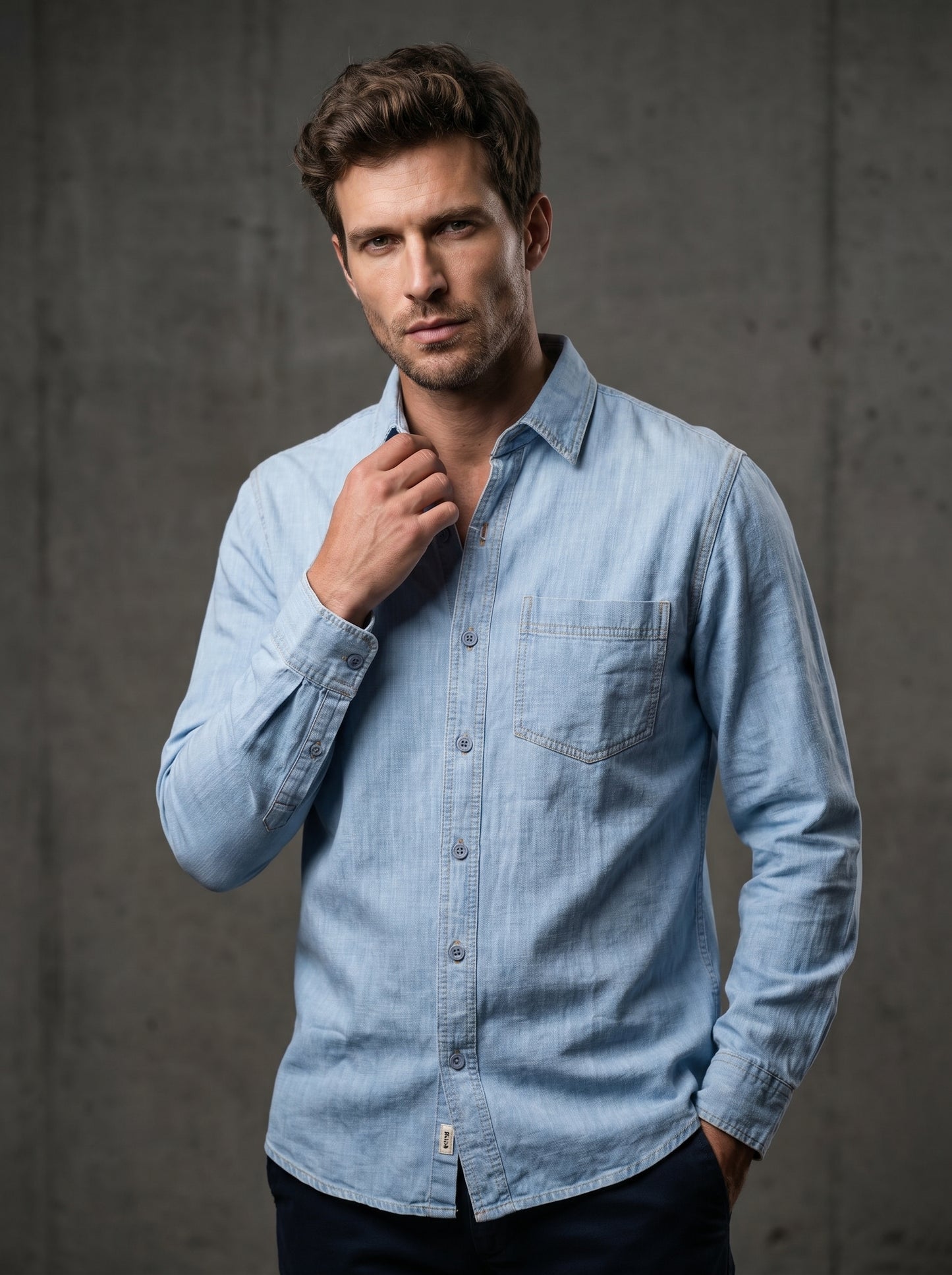Light blue denim button-up shirt with pointed collar and single chest pocket