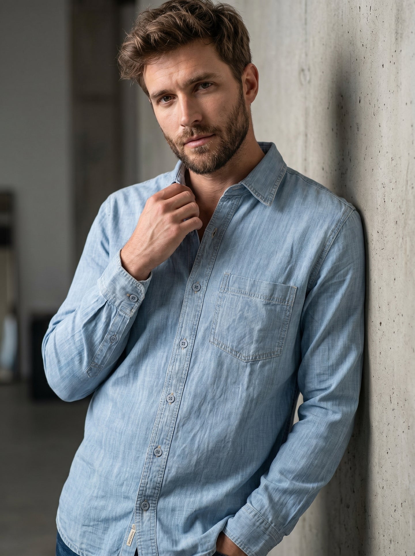 Ice blue denim shirt with long sleeves and single chest pocket on model