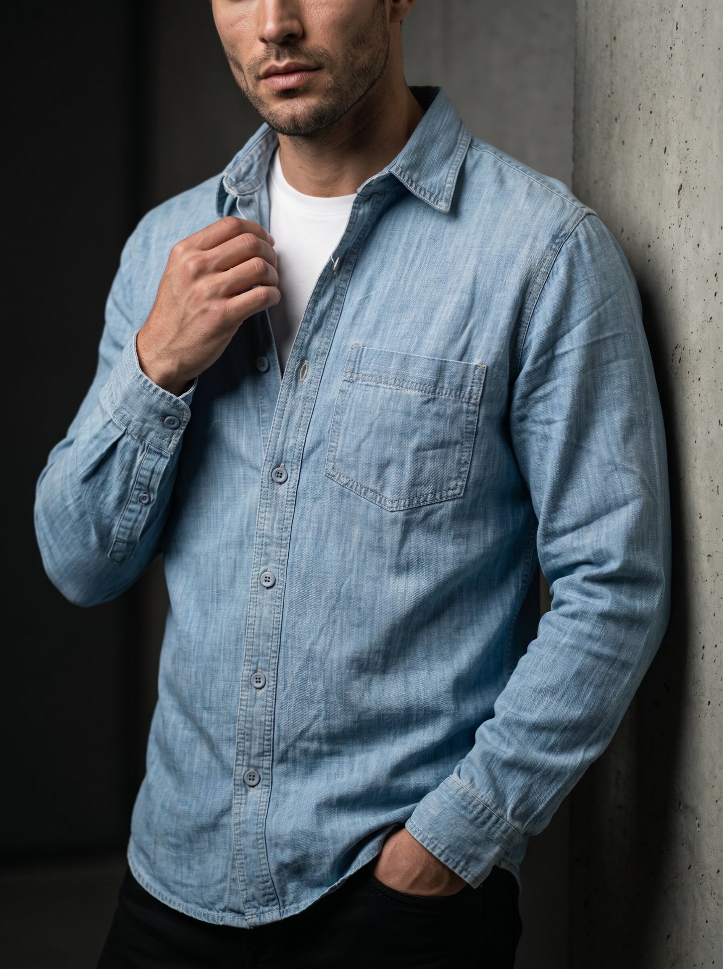 Ice blue denim shirt with long sleeves, button front, and chest pocket