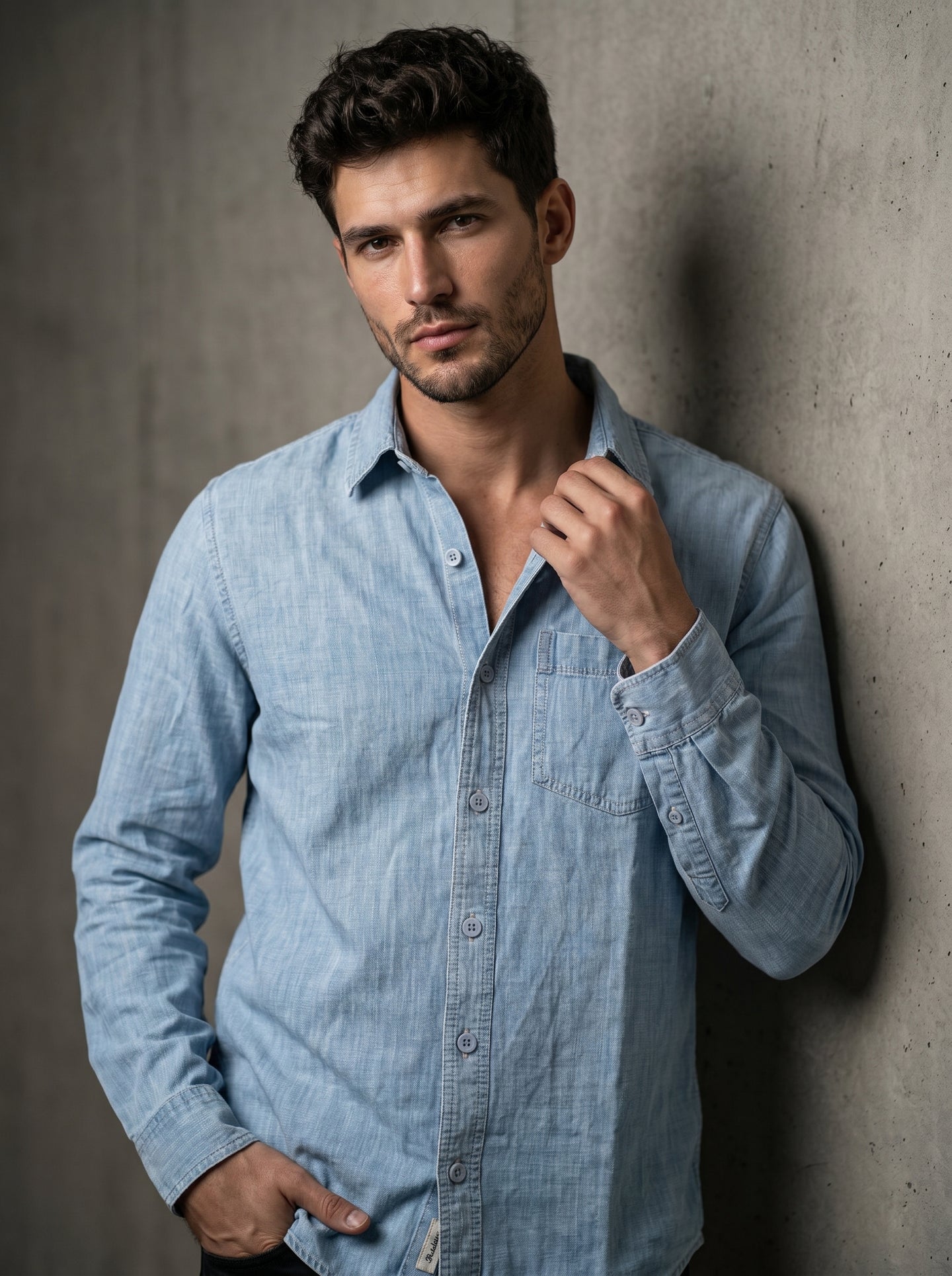 Ice blue denim textured shirt with long sleeves and single chest pocket