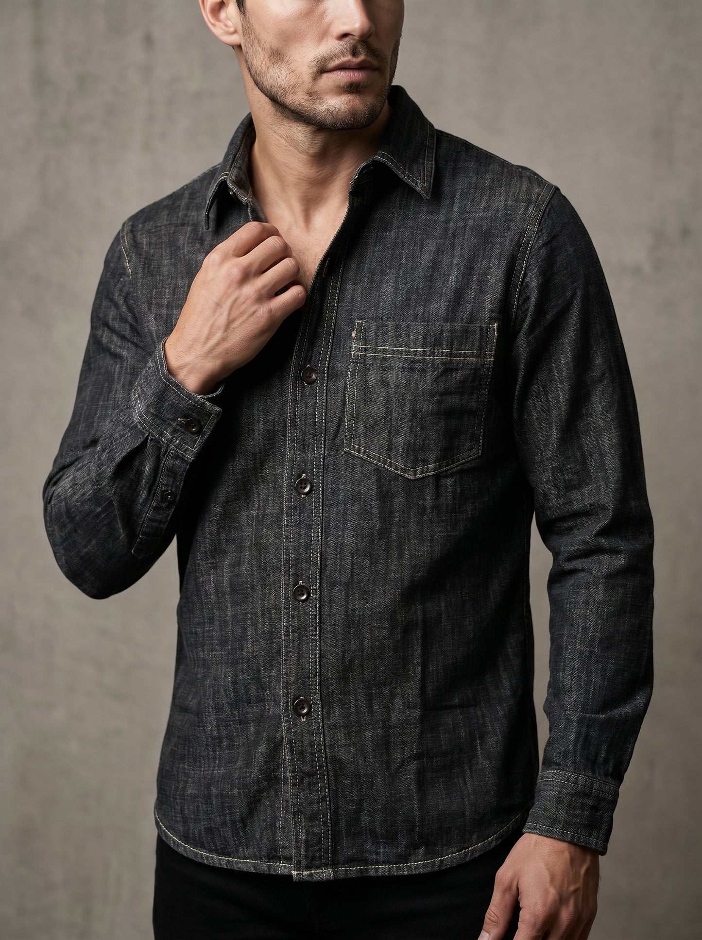 Deep grey denim shirt with button placket and chest pocket; contrast edge stitching detail