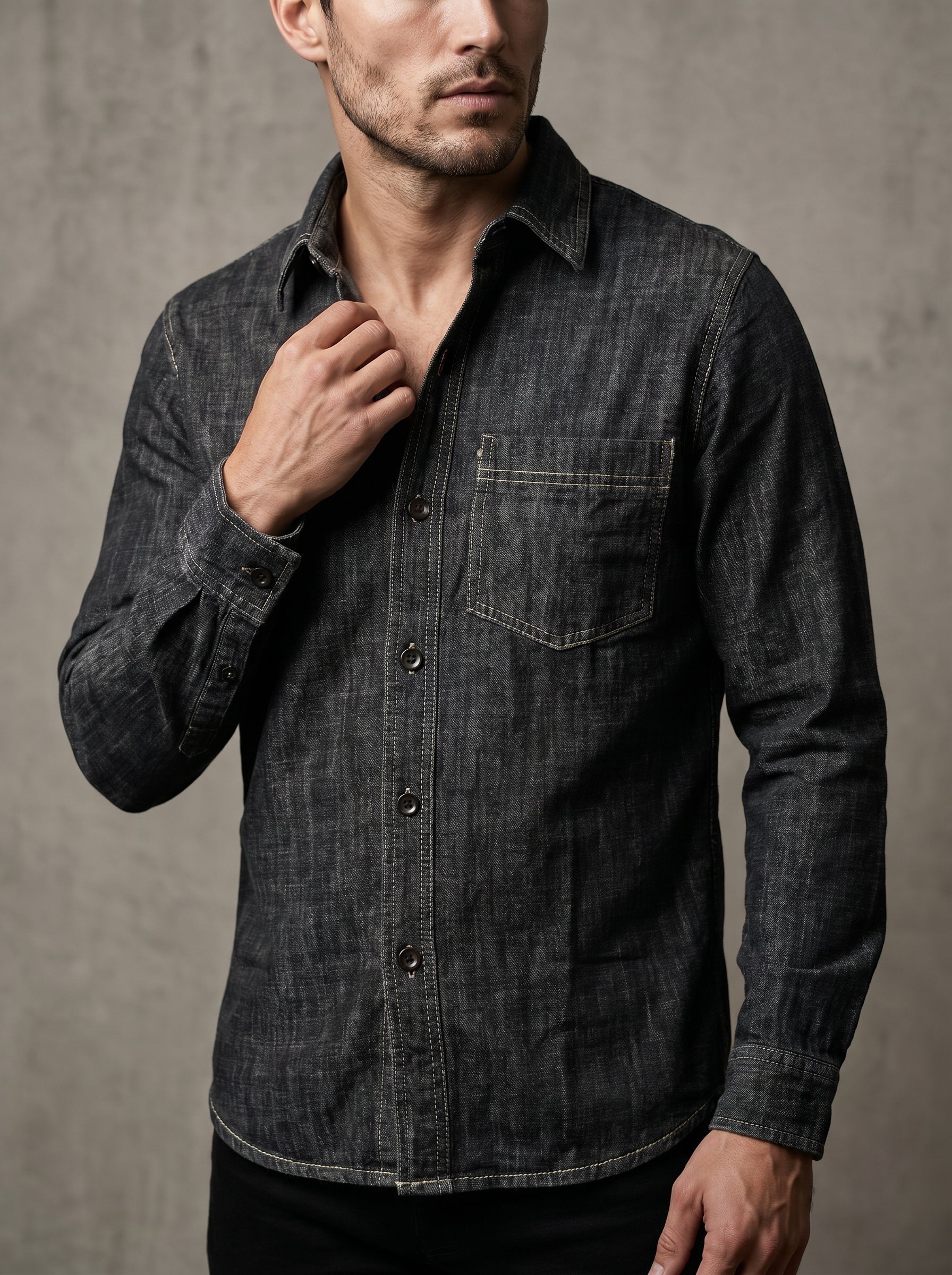 Deep grey denim shirt with button placket and chest pocket; contrast edge stitching detail