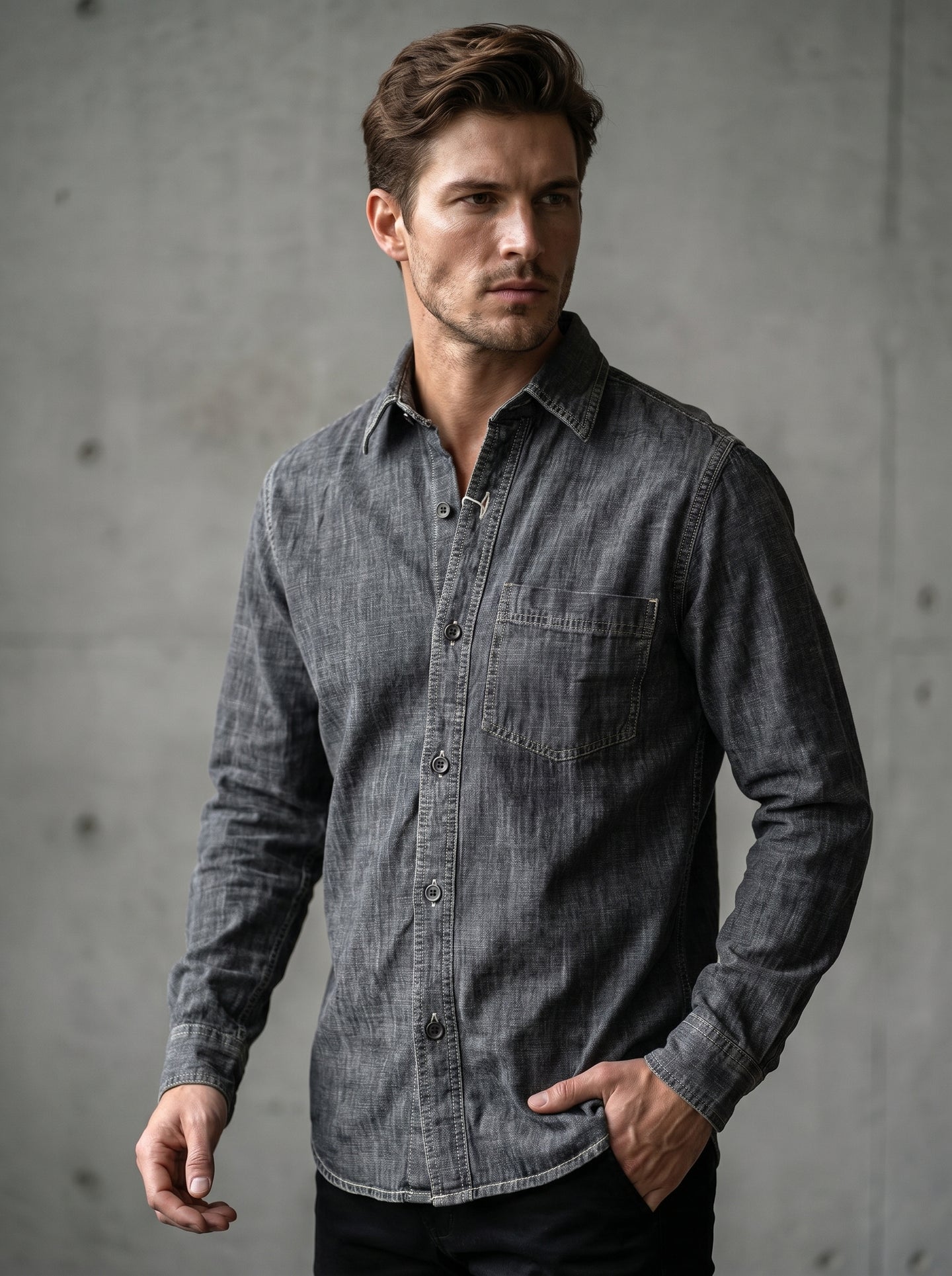 Light grey acid-wash denim shirt with button front and chest pocket