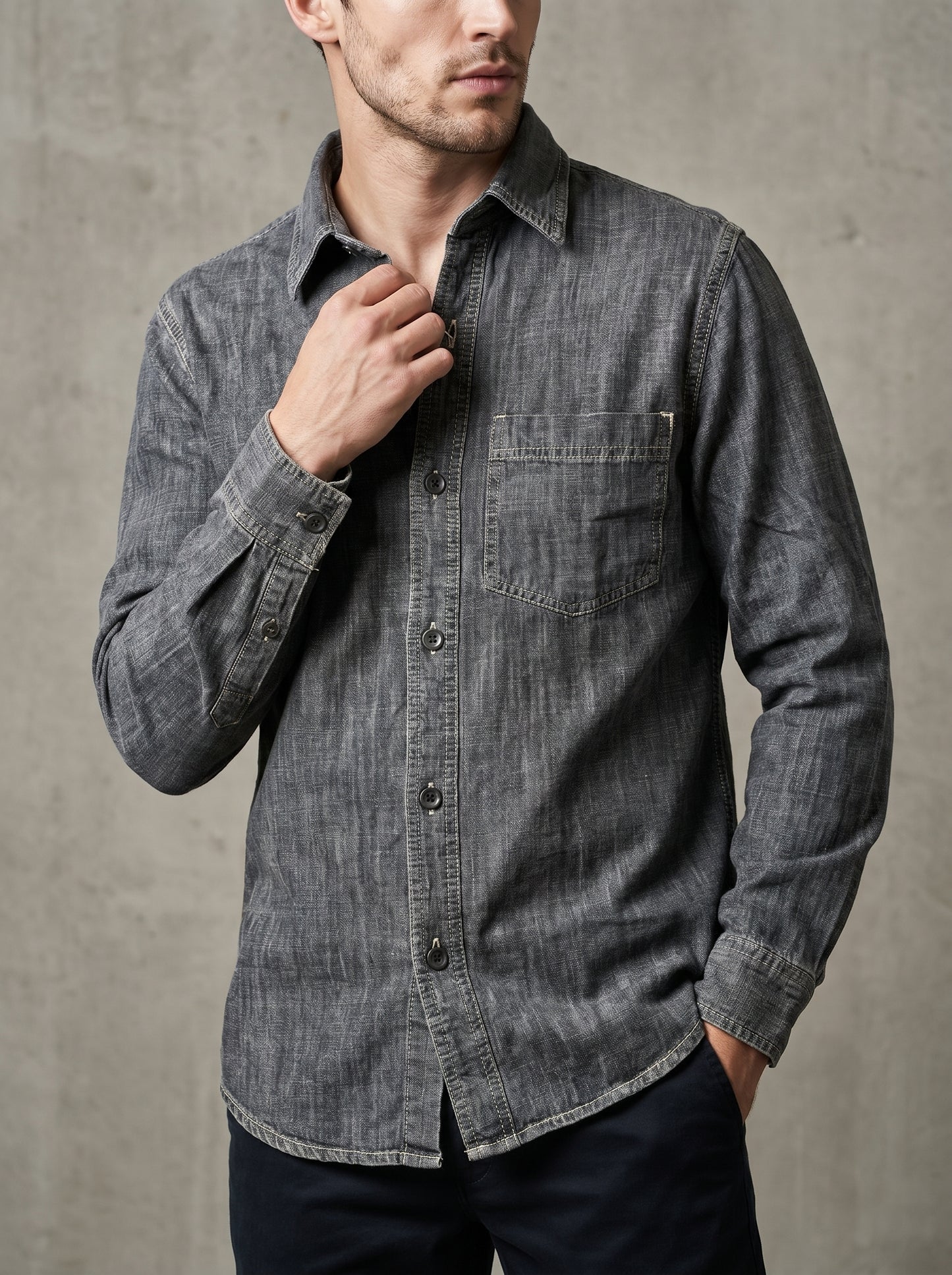 Light grey acid-wash denim shirt with button-up collar and chest pocket