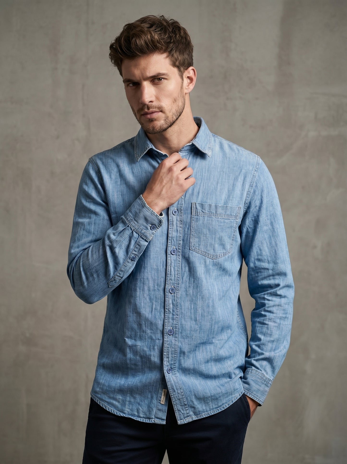 Light-wash denim button-up shirt with chest pocket, buttoned front, and long sleeves