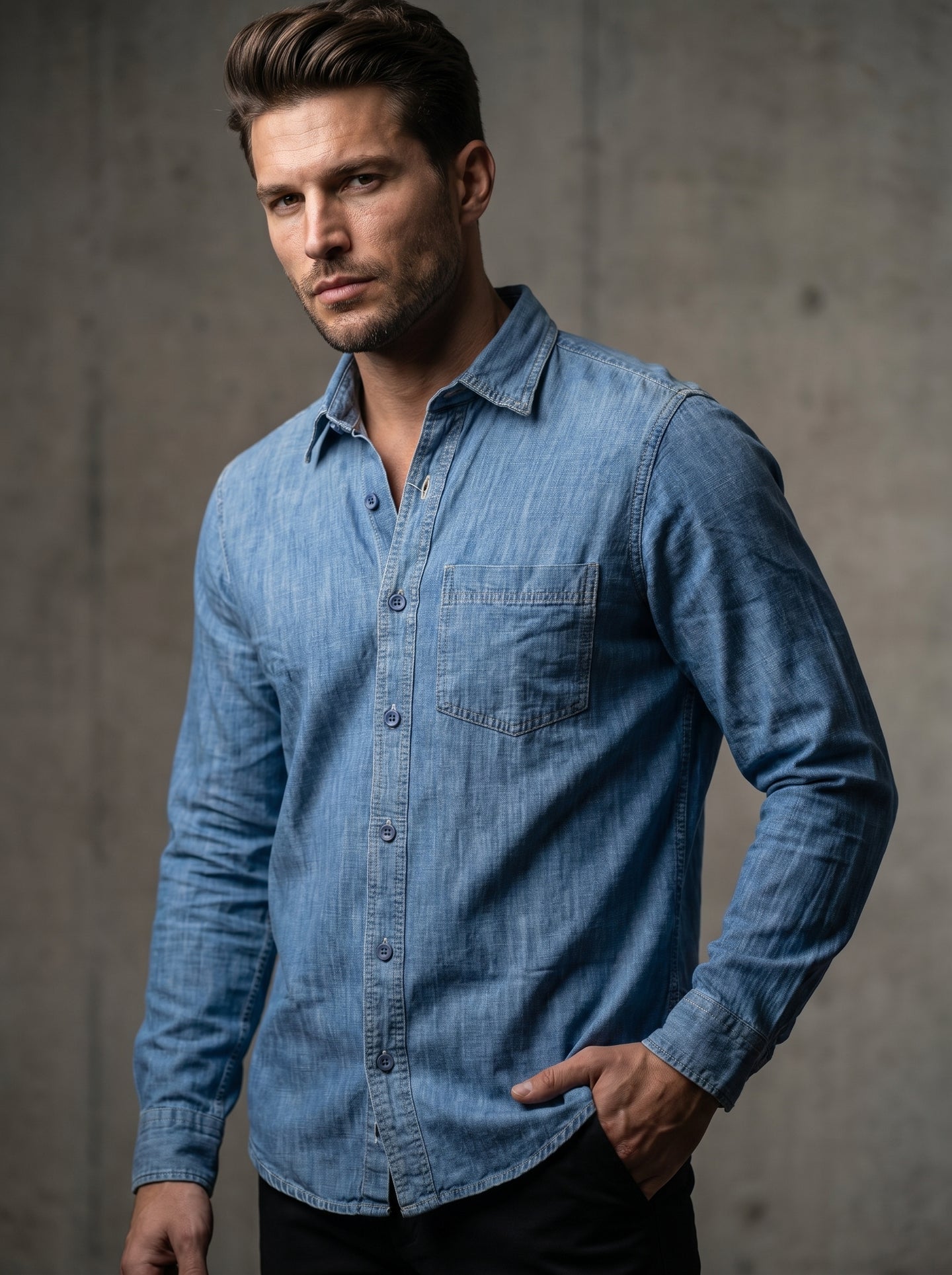 Light-wash denim button-up shirt with chest pocket, button front, and curved hem