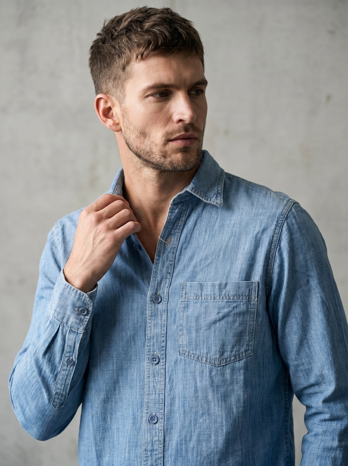 Light-wash denim button-up shirt with chest pocket, button front, and long sleeves