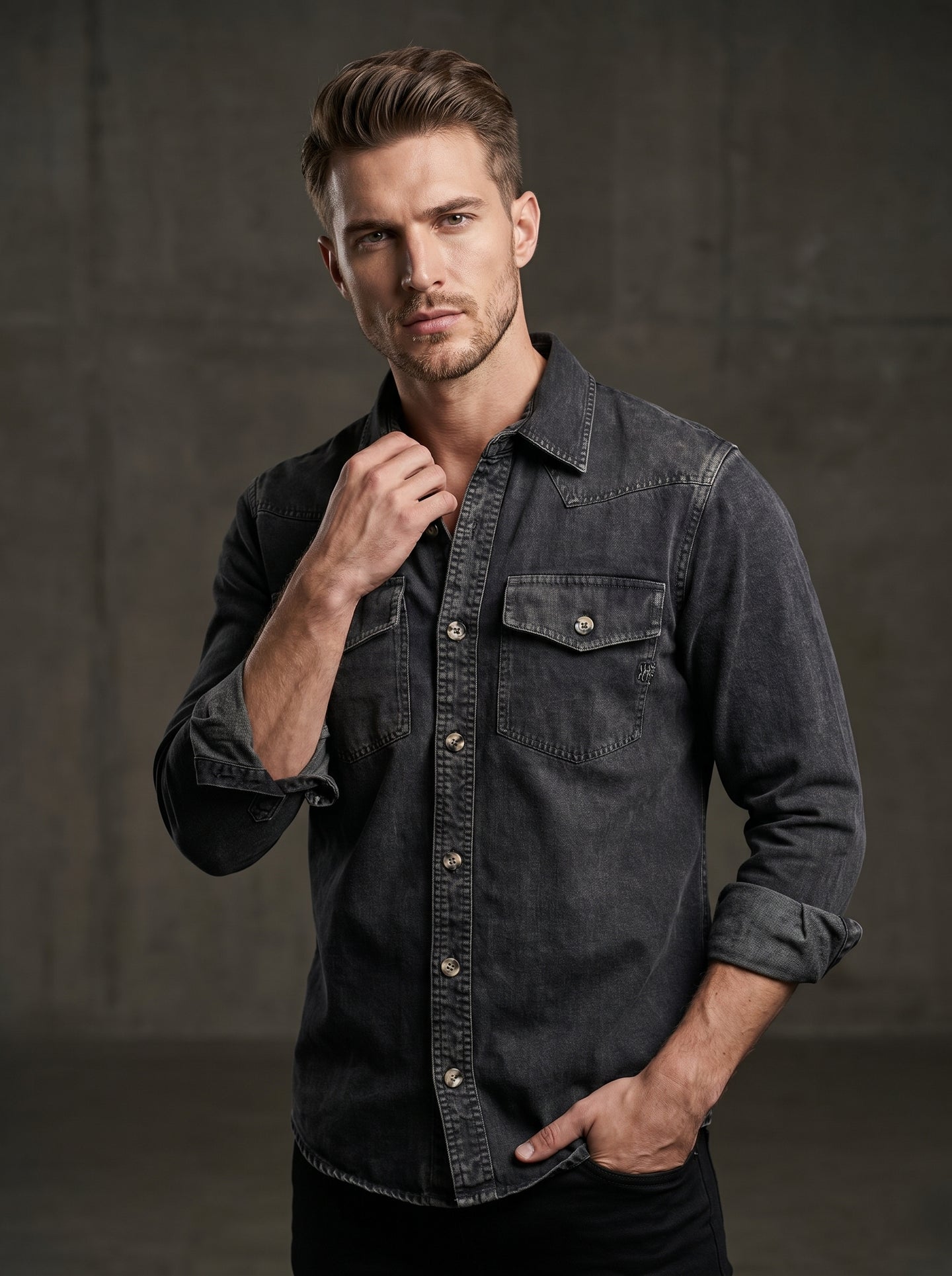 Charcoal western denim shirt with snap placket and chest flap pockets