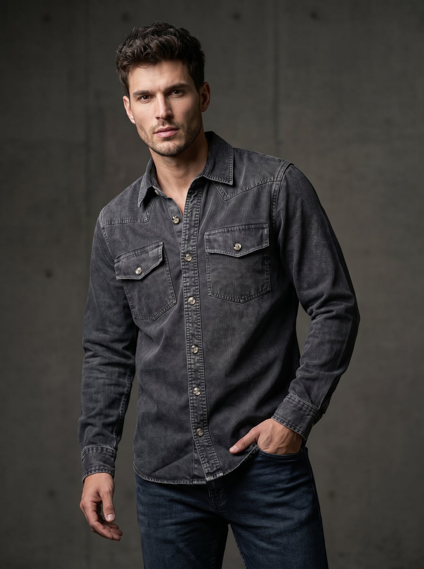 Charcoal western denim shirt with snap buttons and two chest flap pockets