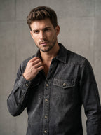 Charcoal western denim shirt with snap buttons and two chest flap pockets