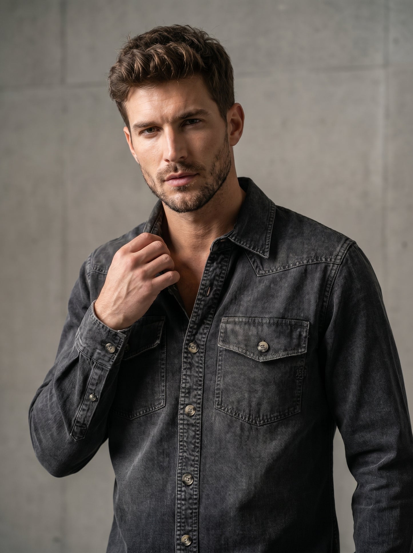 Charcoal western denim shirt with snap buttons and two chest flap pockets