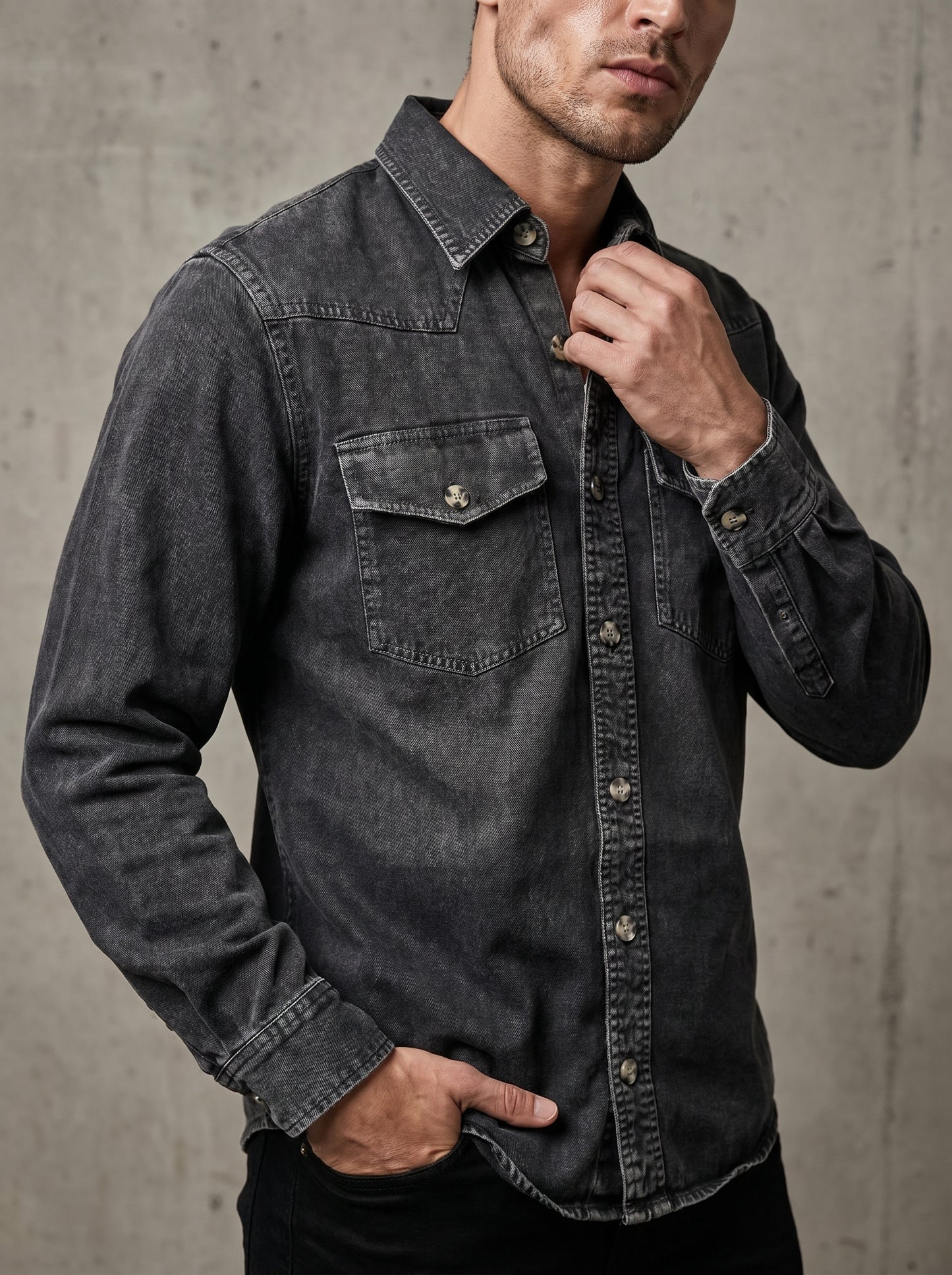 Charcoal western denim shirt with snap button front and chest flap pocket