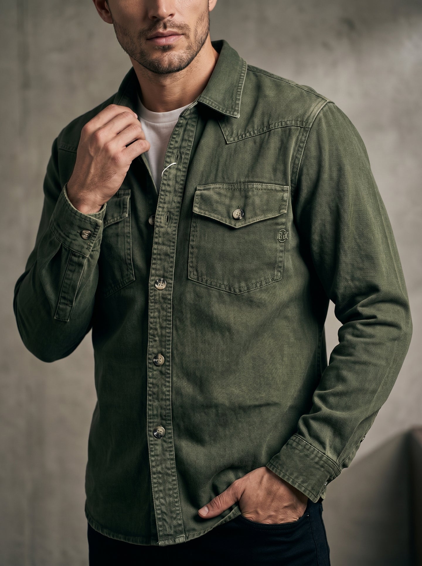 Olive regular-fit tactical denim western shirt with buttoned front and chest pocket