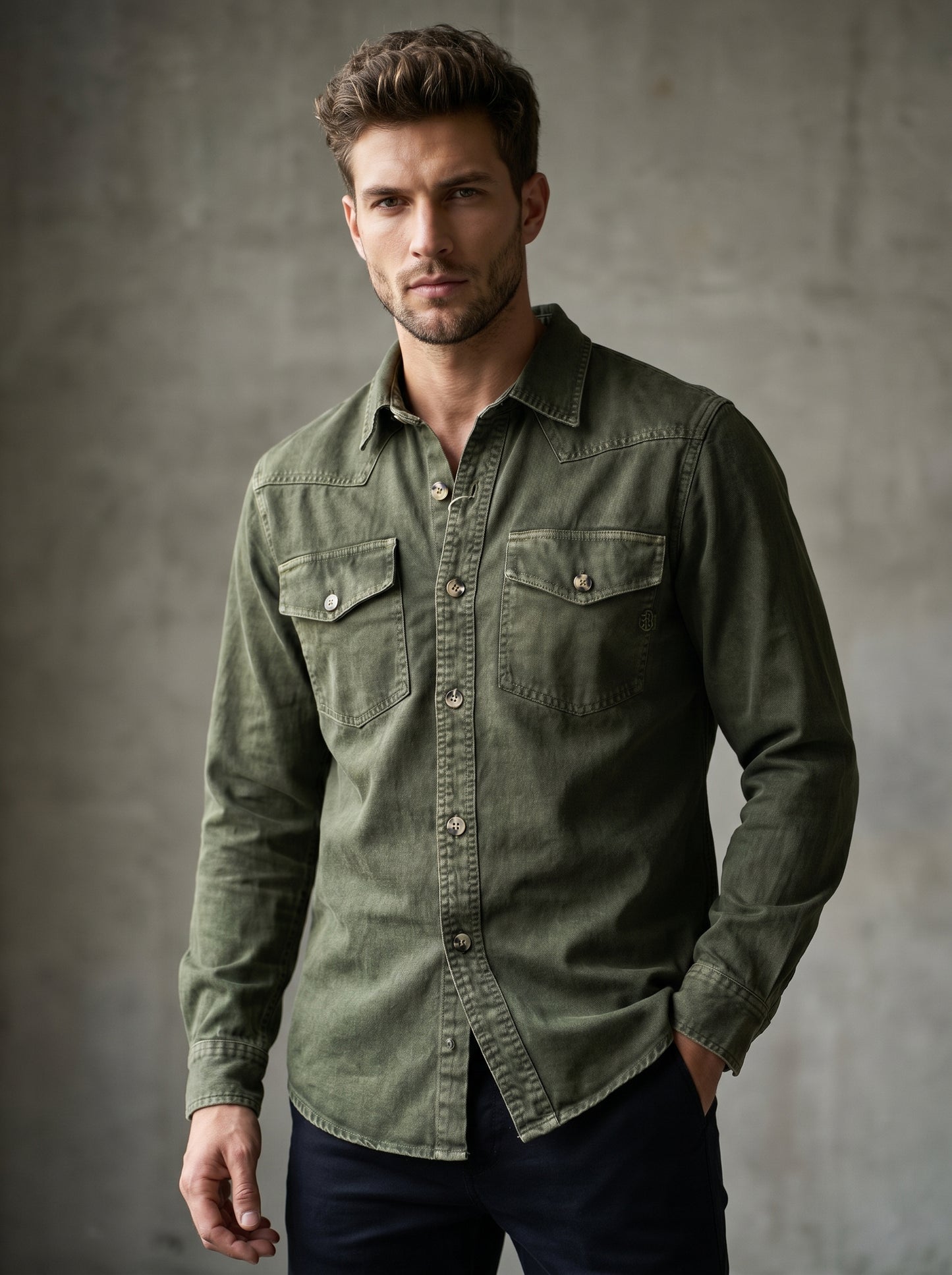 Olive regular-fit tactical denim western shirt, front snap buttons and two chest pockets
